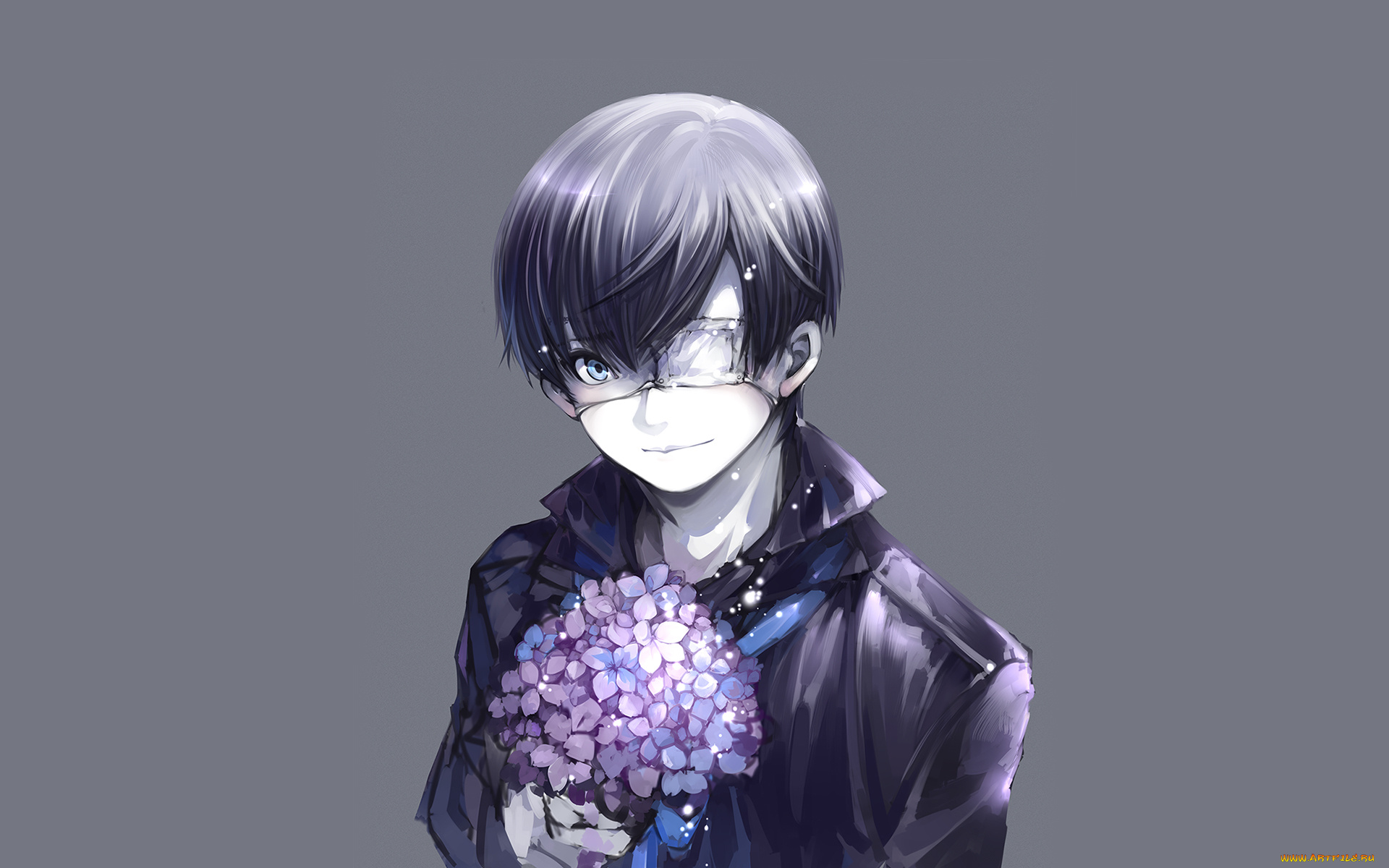 аниме, tokyo, ghoul, улыбка, повязка, букет, серый, фон, парень, kaneki, ken