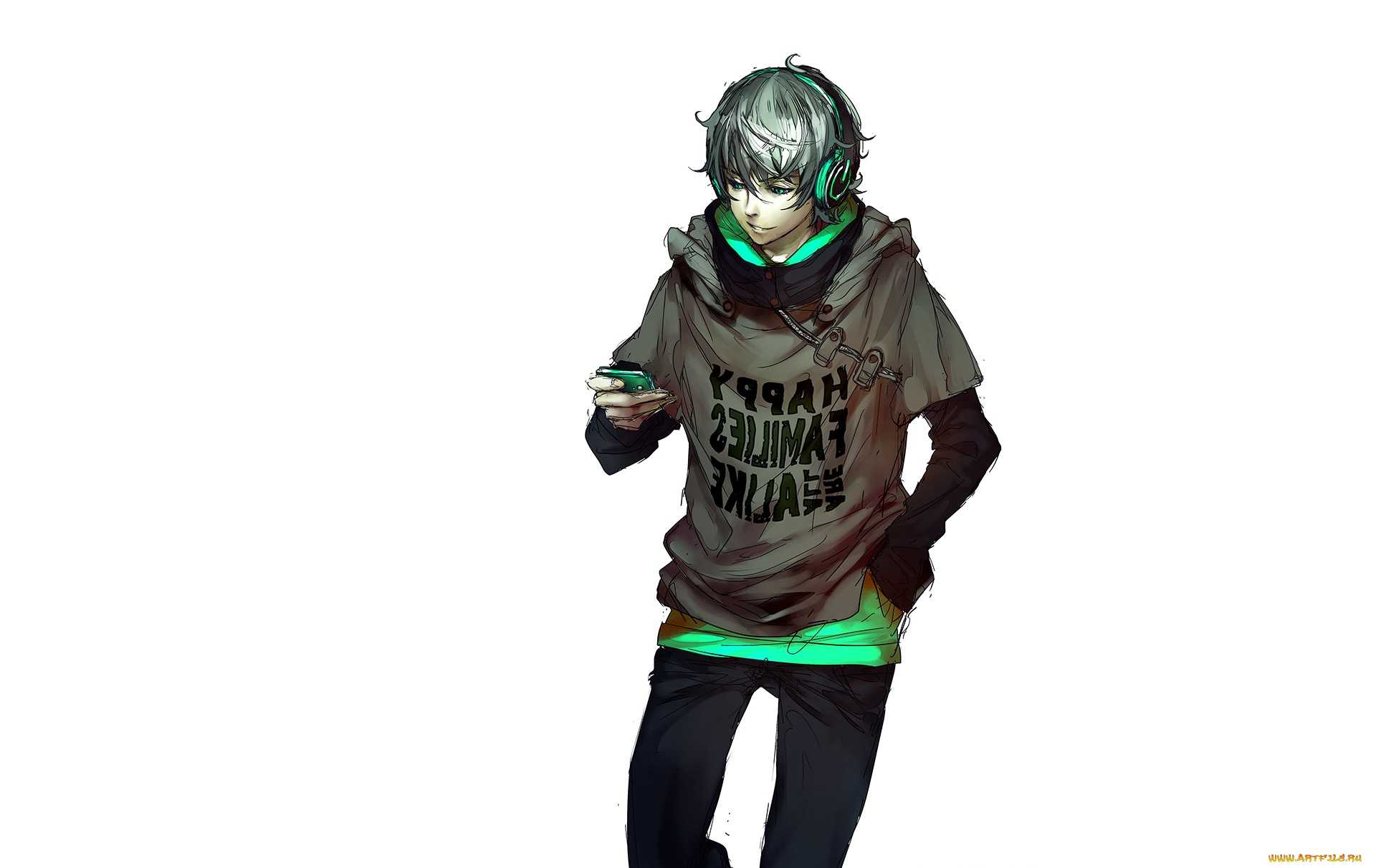 аниме, -headphones, &, instrumental, парень, арт, телефон, наушники, fisheye, placebo