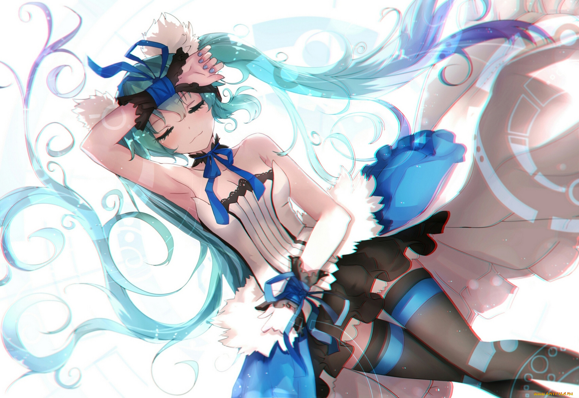 аниме, vocaloid, art, sen, ya, девушка, hatsune, miku, улыбка, лежит, ленточки, вокалоид
