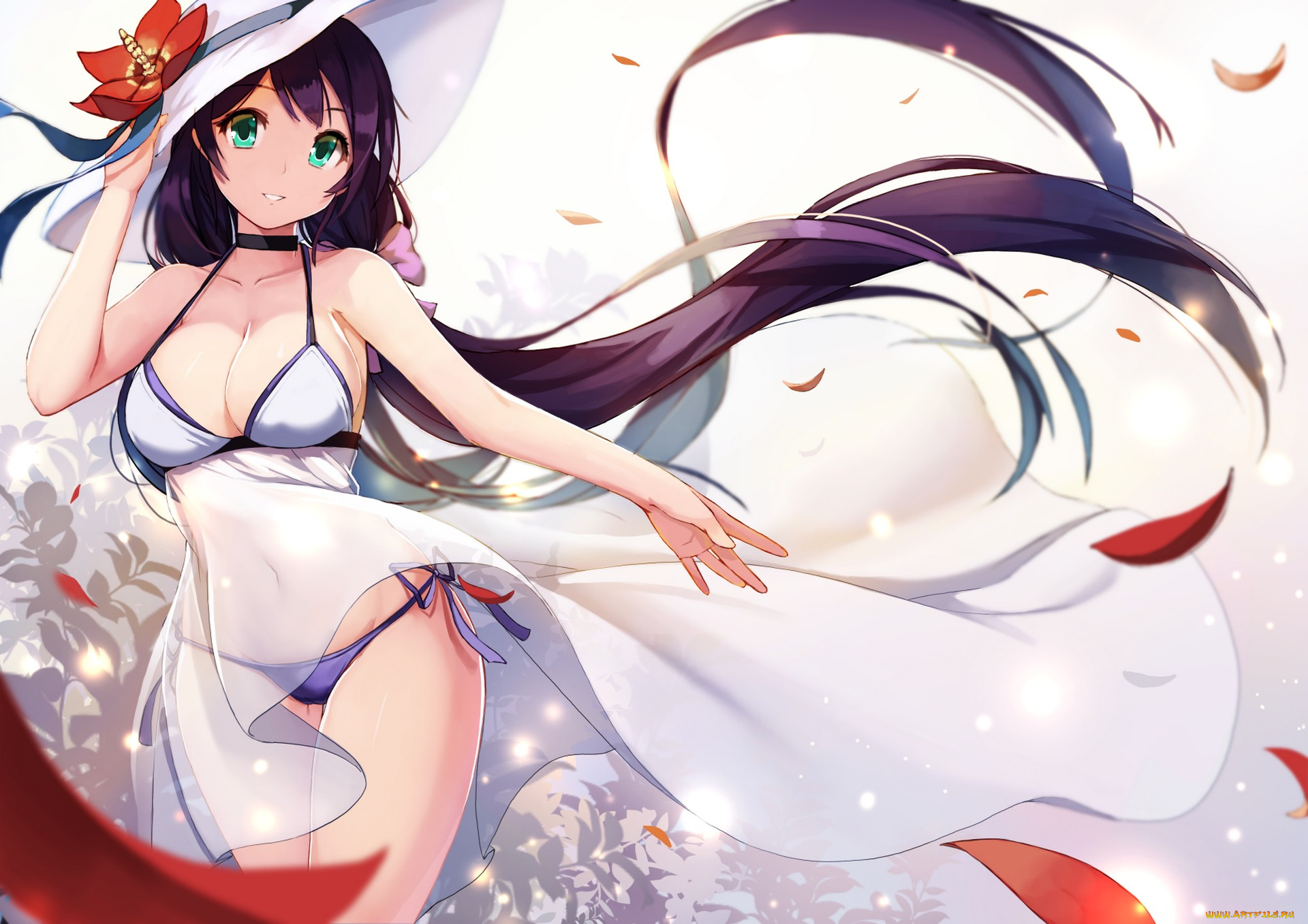 аниме, *unknown, , другое, art, nuclear, warhead, девушка, toujou, nozomi, взгляд, улыбка, грудь, бикини, шляпка, лепестки, love, live, school, idol, project