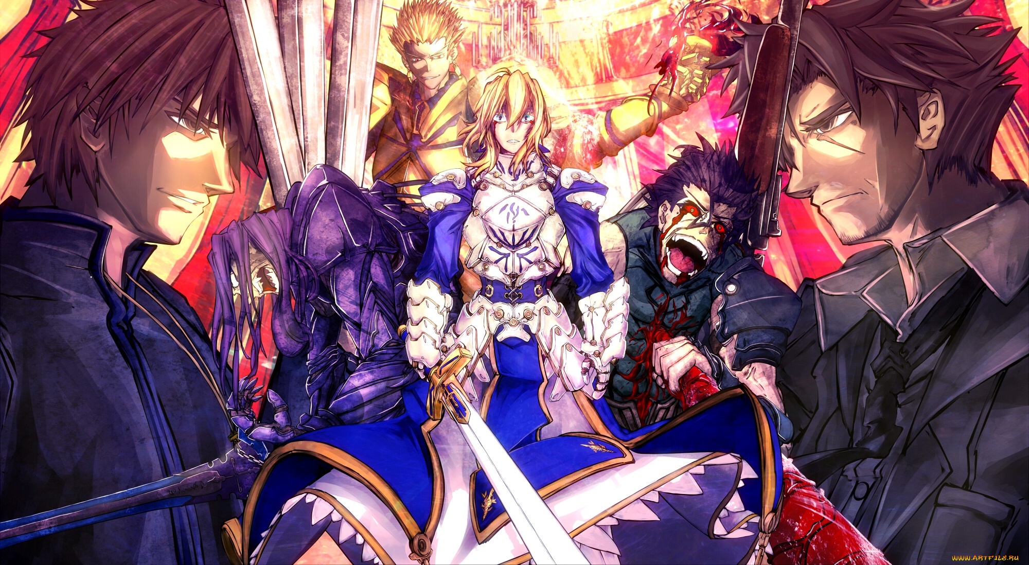 аниме, fate, zero, персонажи, девушка, парни, кровь, оружие, emiya, kiritsugu, saber, lancer, gilgamesh, kotomine, kirei