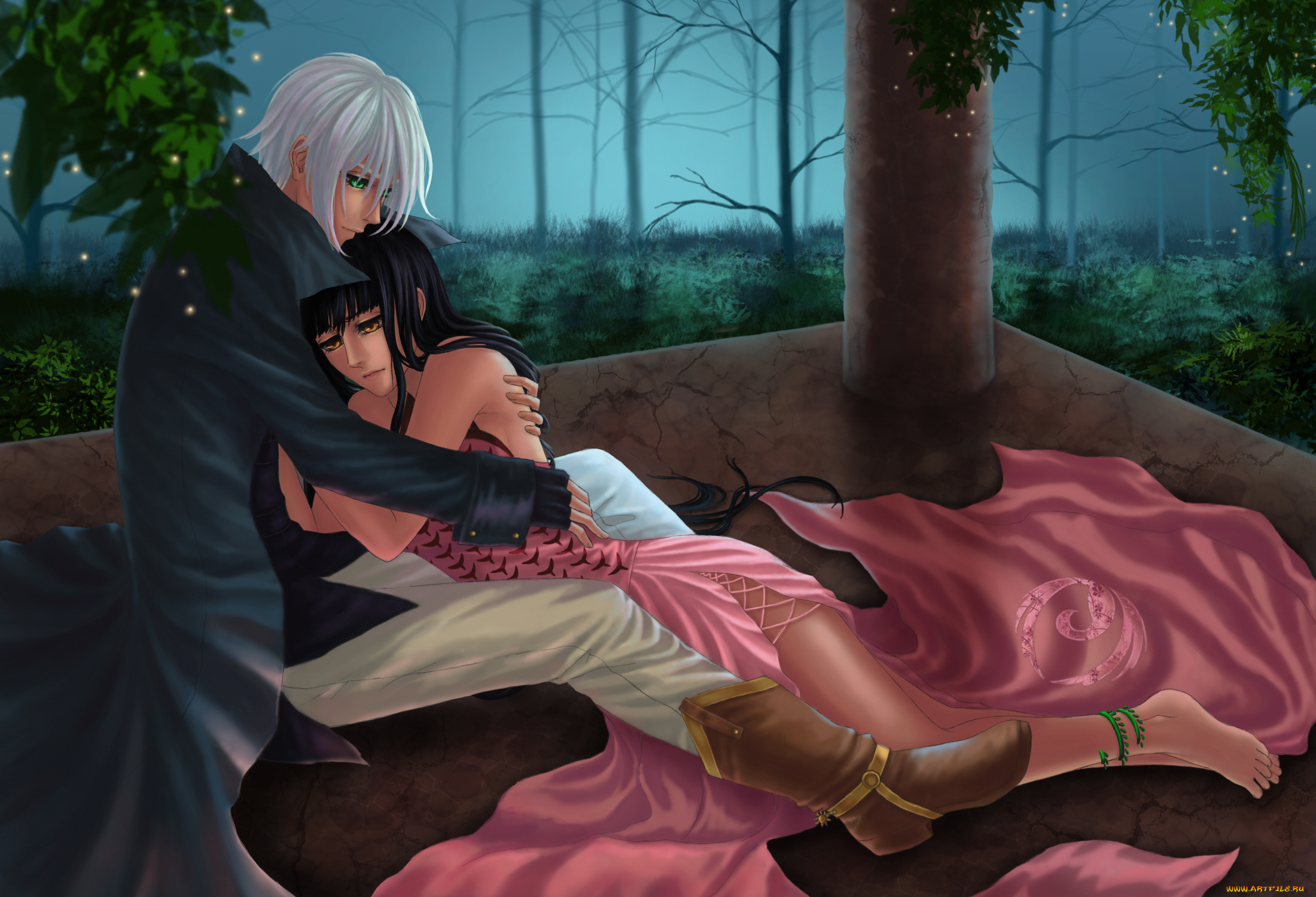 аниме, *unknown, , другое, ночь, мужчина, девушка, деревья, объятия, лес