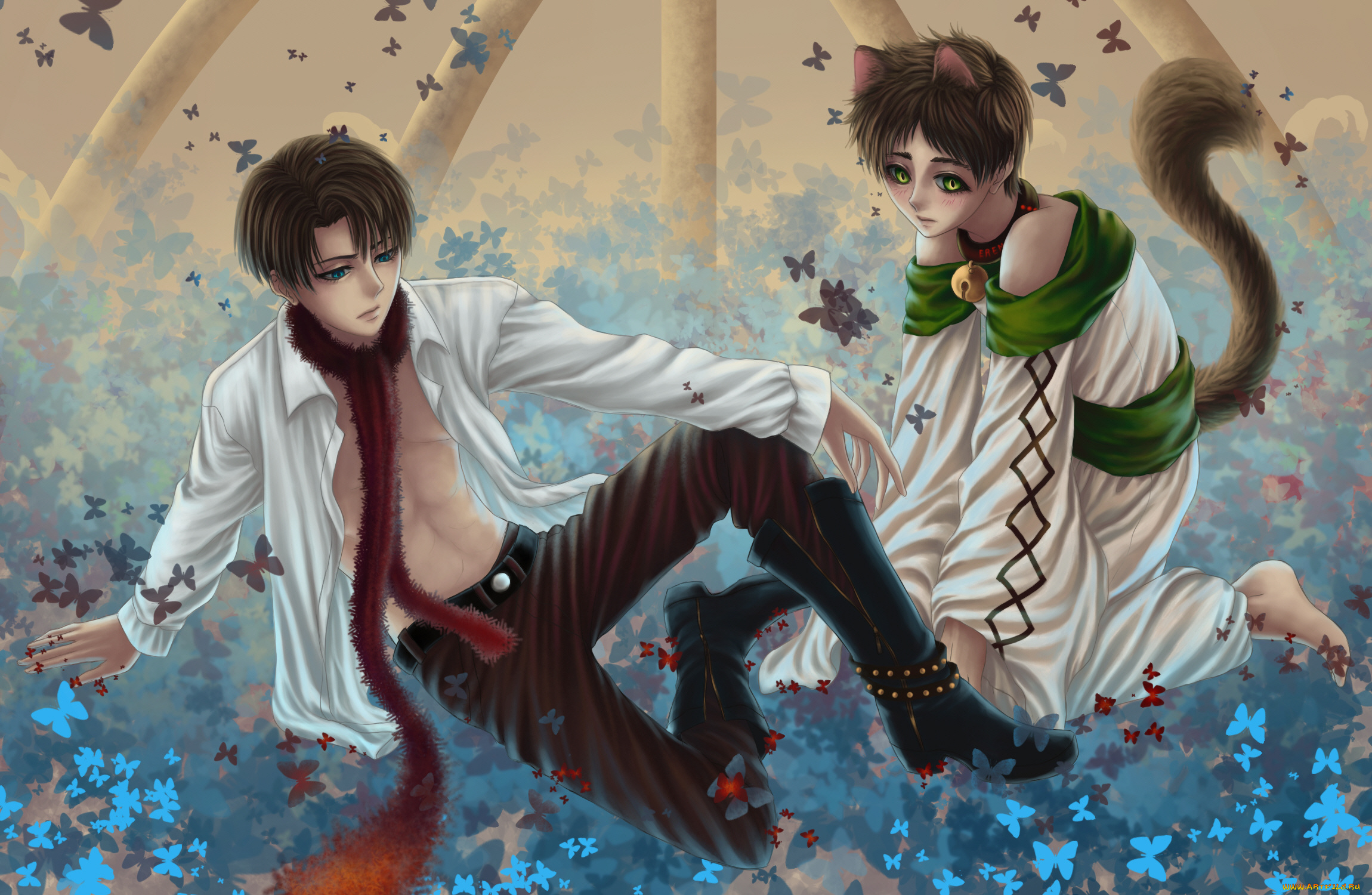 аниме, shingeki, no, kyojin, эрен, леви, атака, титанов, арт