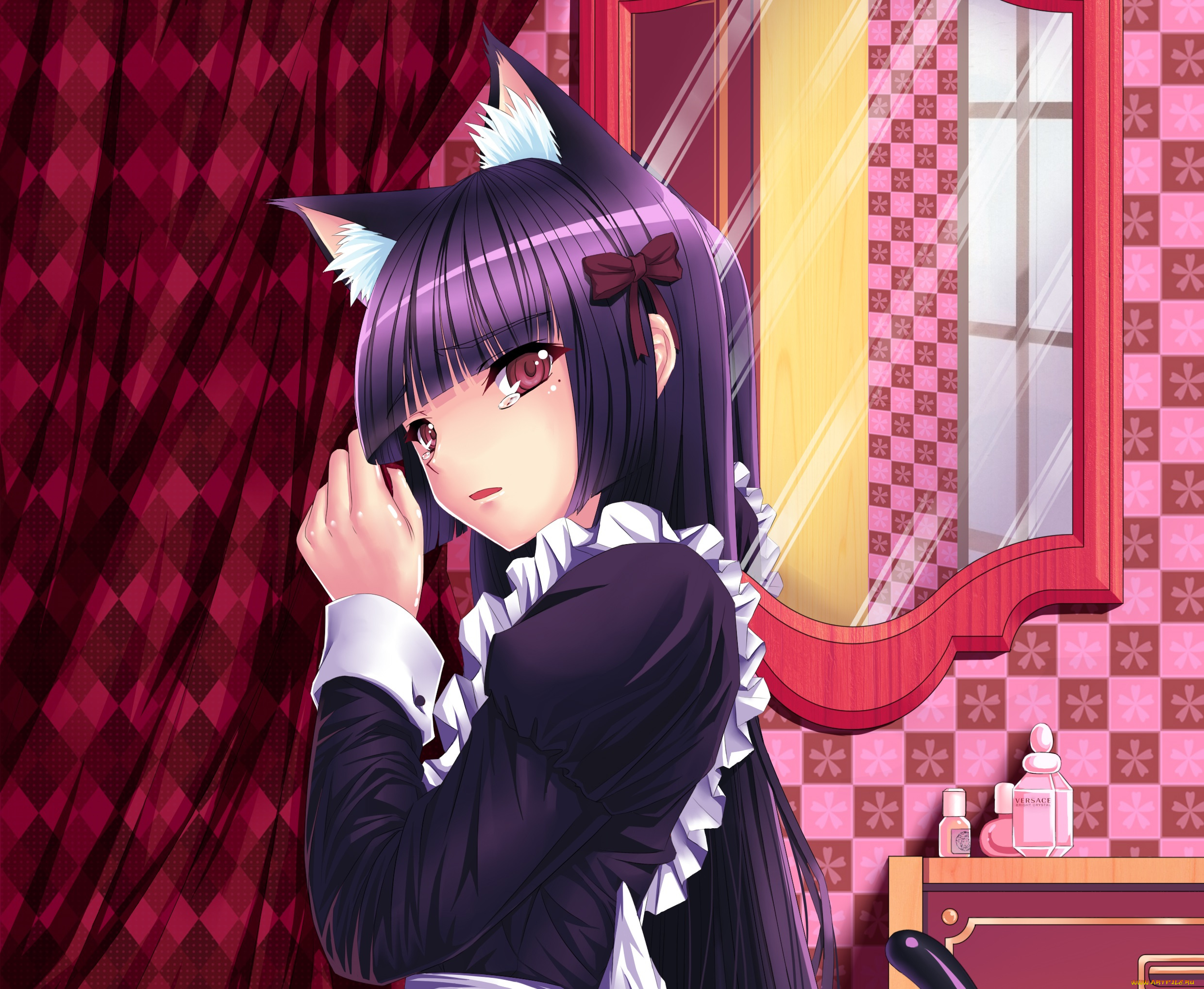 аниме, oreimo, комната, занавески, зеркало, слёзы, брюнетка, девушка, ушки, ruri, gokou