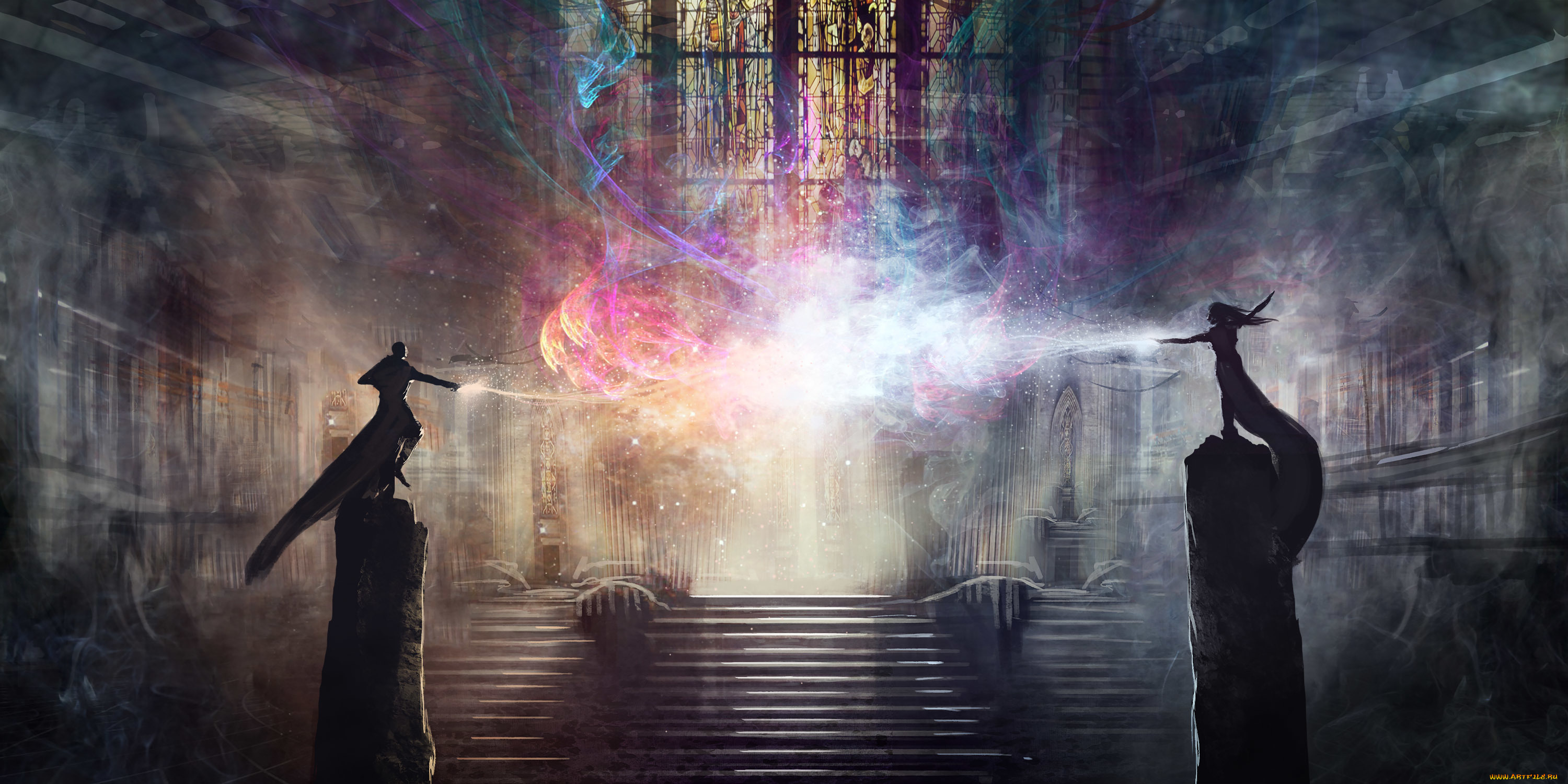 фэнтези, магия, арт, помещение, витражи, лестница, маги, мужчина, женщина