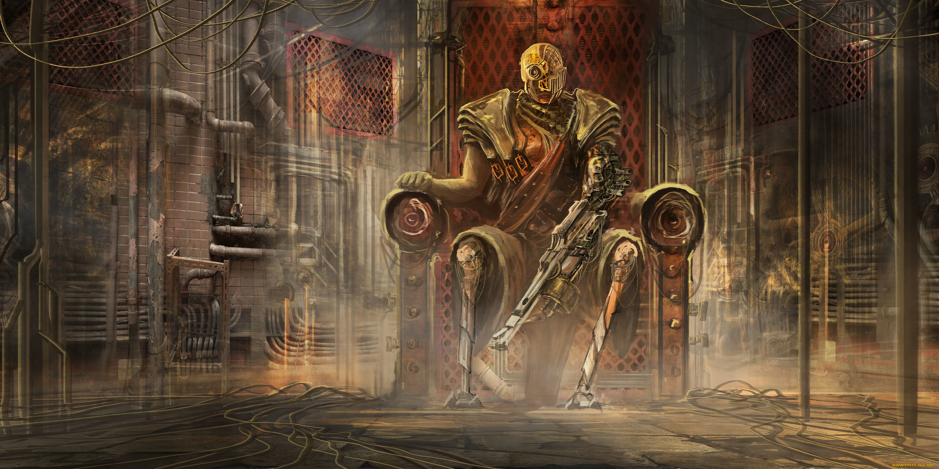 фэнтези, роботы, , киборги, , механизмы, фантастика, арт, трон, помещение, трубы, механизм, оружие