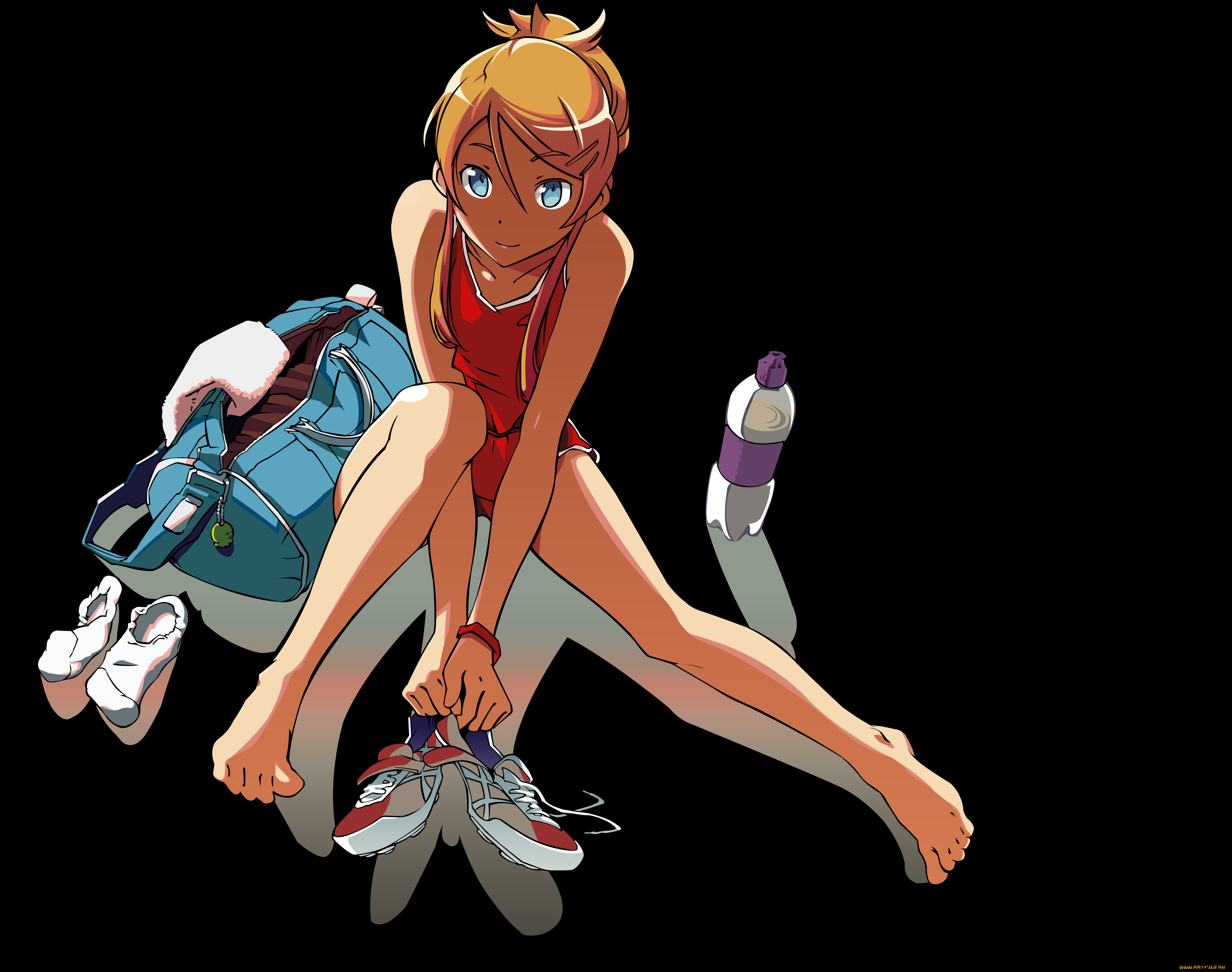 аниме, oreimo, бутылка, красовки, блондинка, голубоглазая, чёрный, фон, сумка, взгляд, девушка, kirino, kousaka