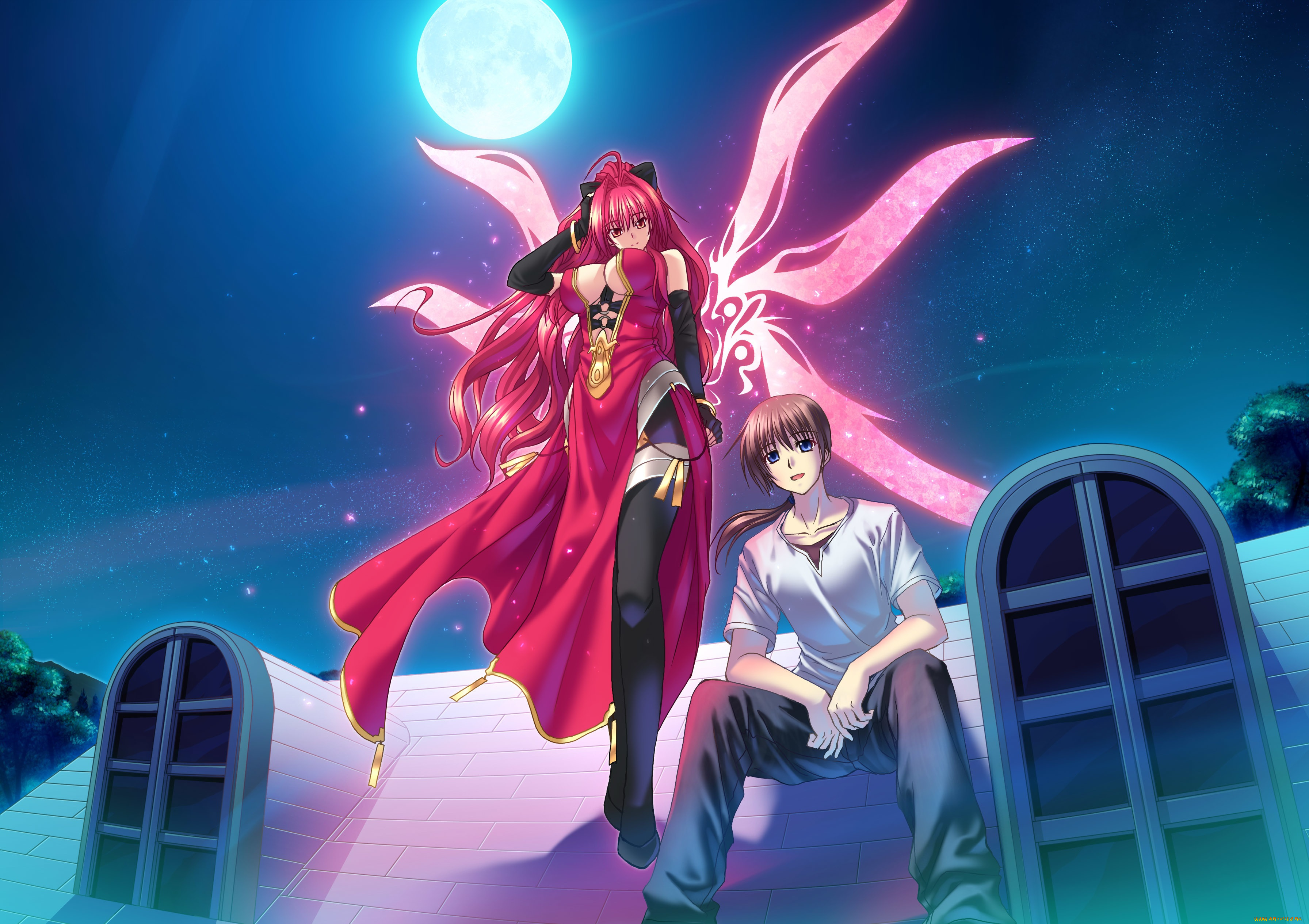 аниме, polyphonica, луна, ночь, девушка, деревья, парень, звезды, tatara, phoron, corticarte, apa, lagranges, арт, небо, крылья, полифоника, дом, окно, kannatsuki, noboru