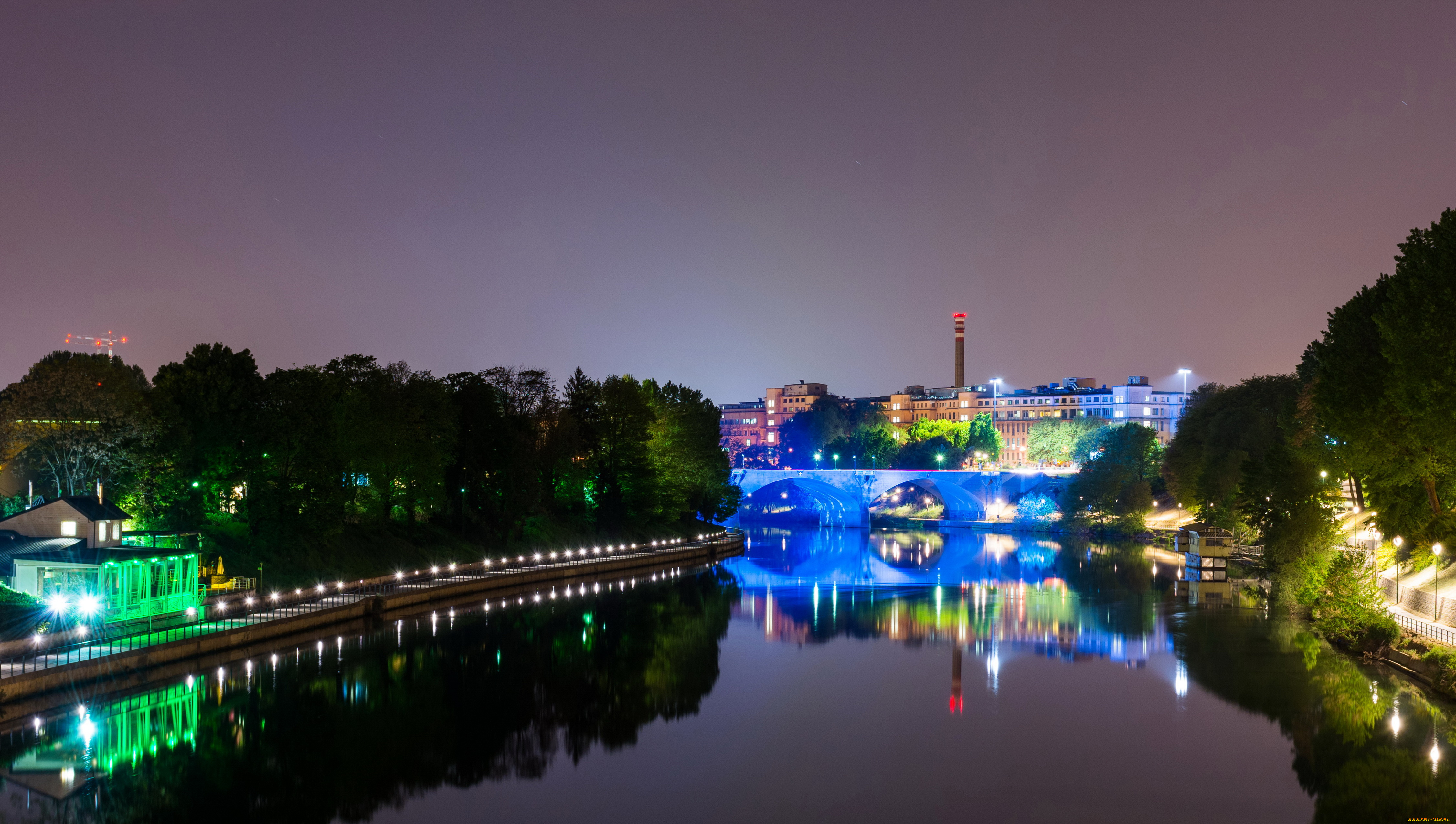 турин, италия, города, турин, , италия, турин, деревья, мост, огни, italy, turin, ночь, река, дома