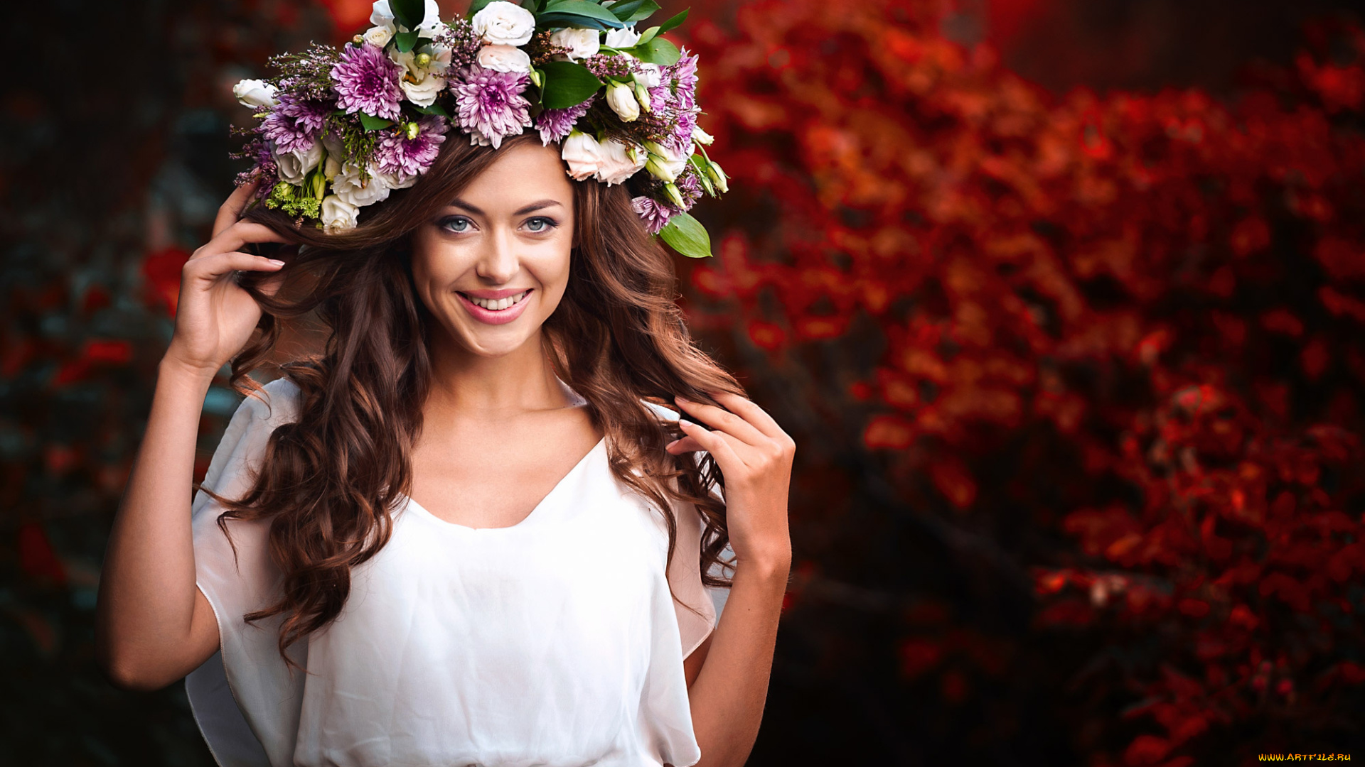 девушки, -unsort, , брюнетки, , шатенки, девушка, боке, цветы, венок, настроение, шатенка, радость, улыбка