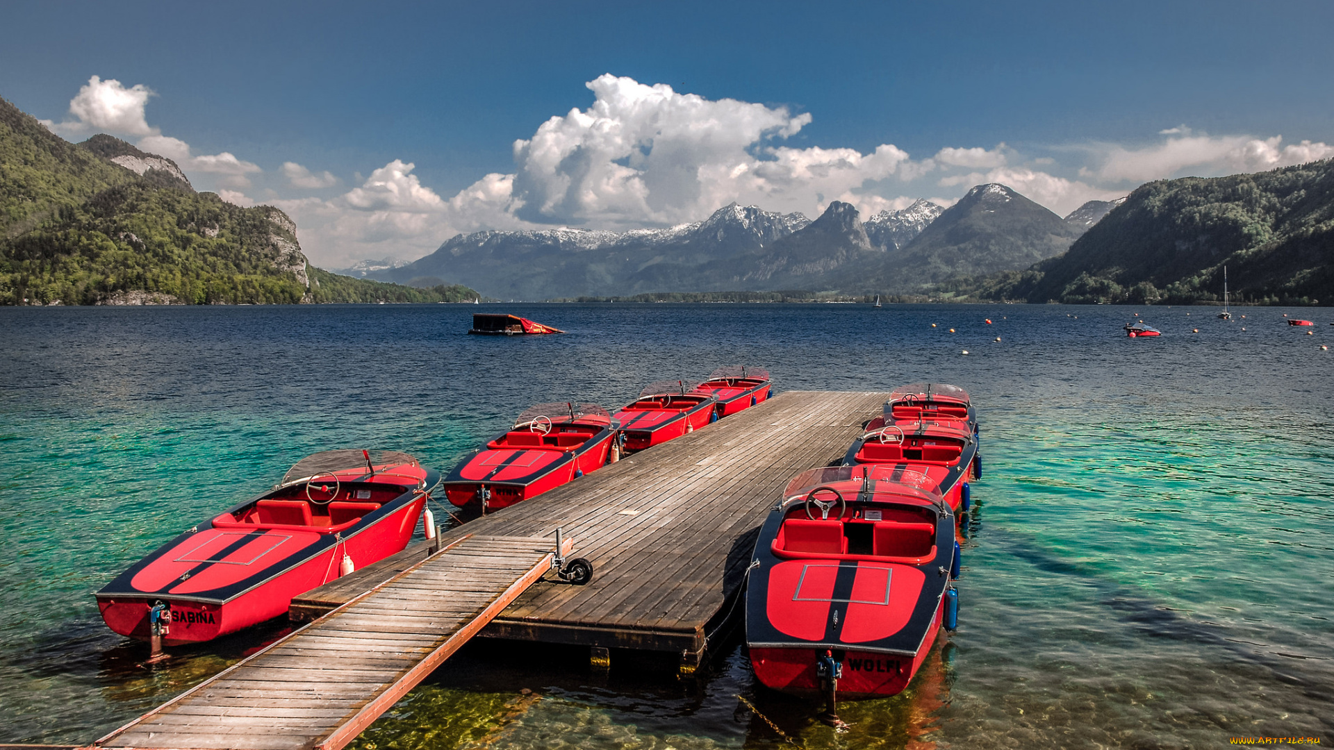 корабли, катера, пристань, озеро, горы