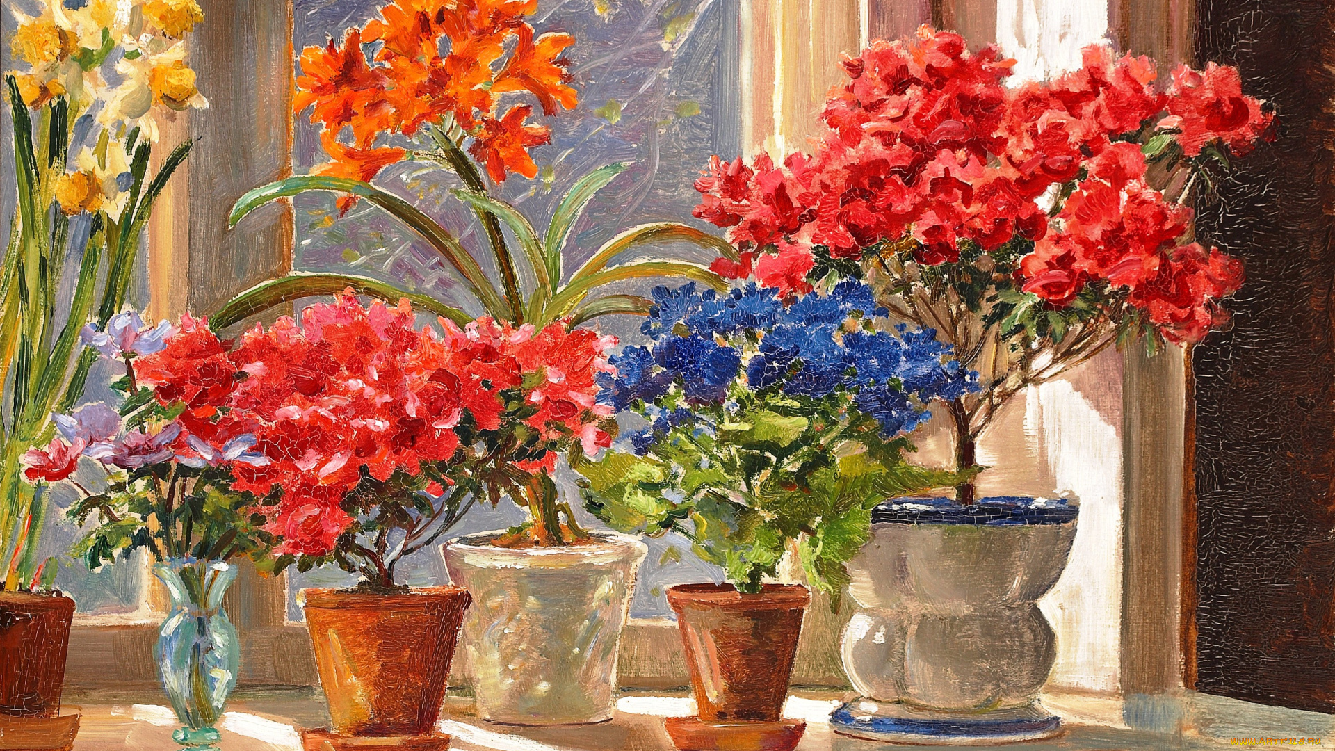 рисованное, цветы, горшки, подоконник, окно