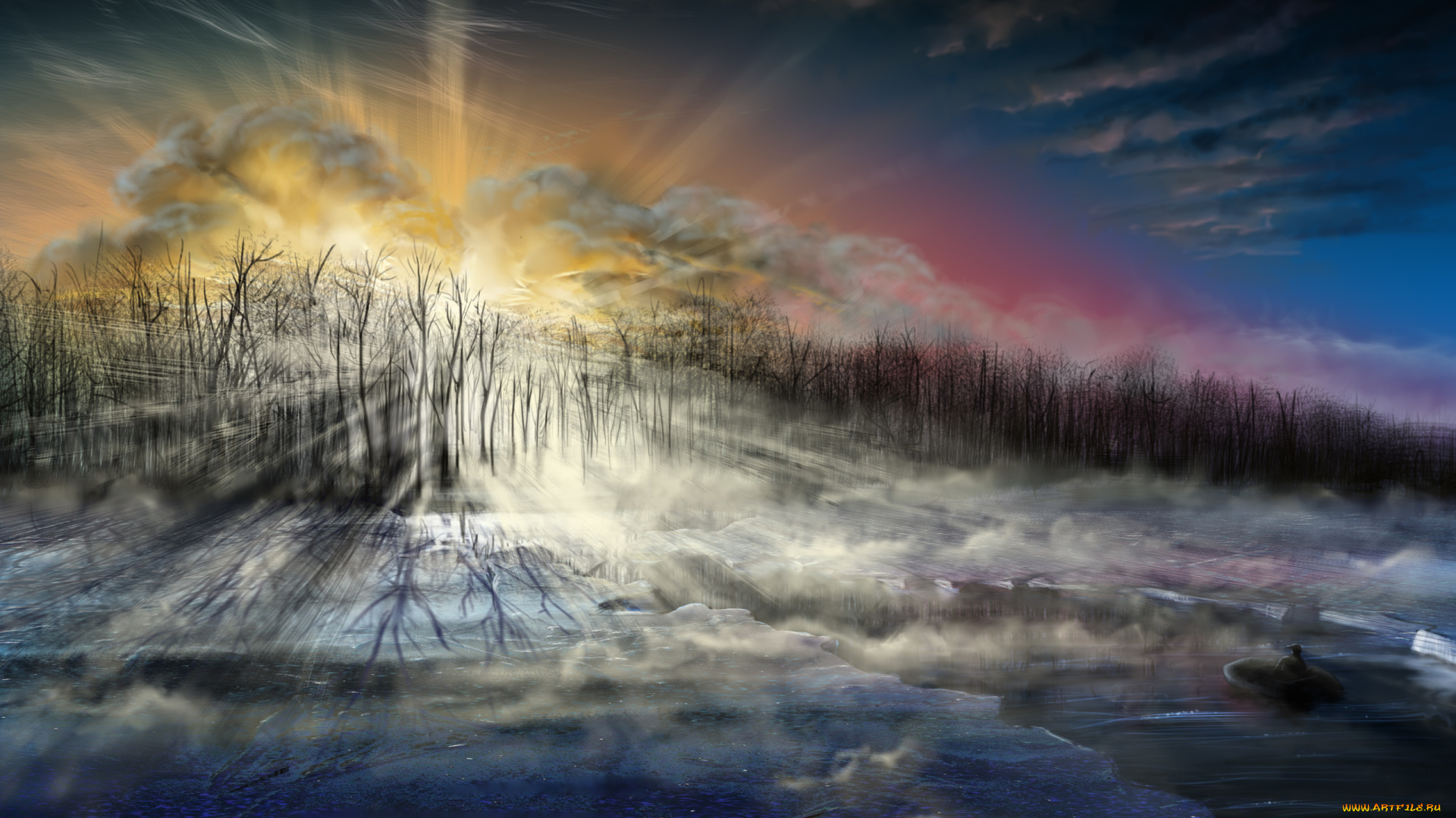 рисованное, природа, зима, туман, восход, лодка, лёд, озеро, красота, рисунок