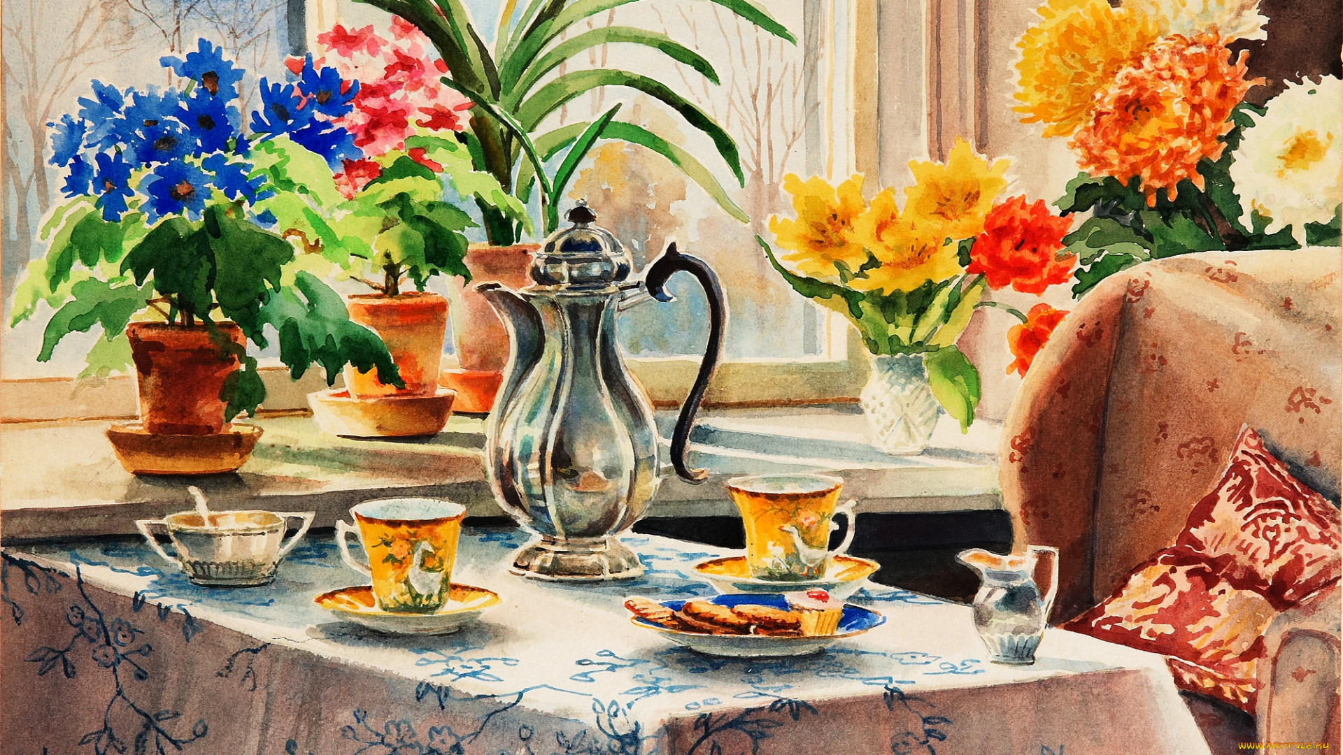 рисованное, живопись, диван, кувшин, горшки, чашки, подушка, скатерть, печенье, цветы, стол, окно