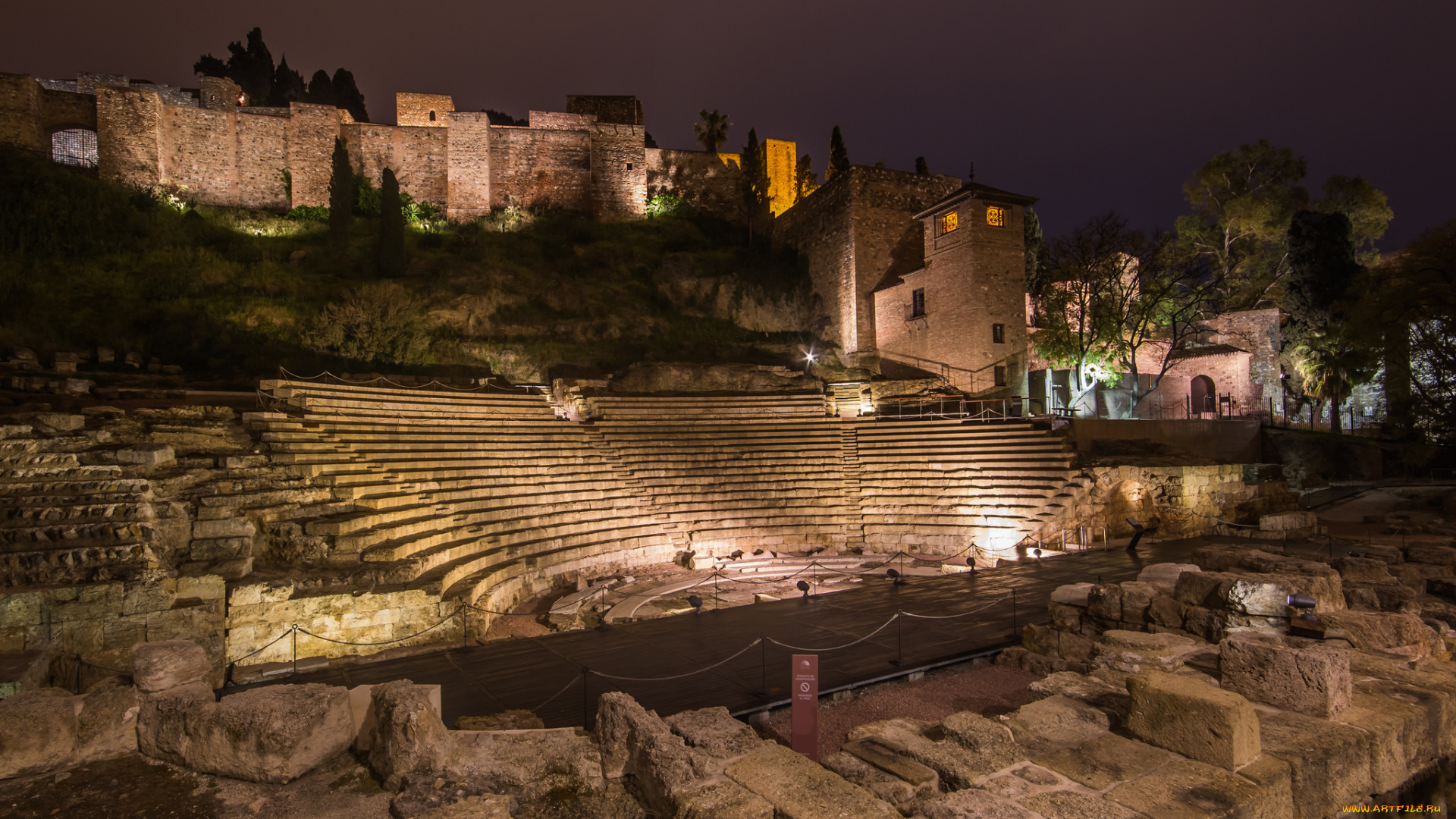roman, theater, , malaga, города, -, другое, антик, амфитеатр, ночь