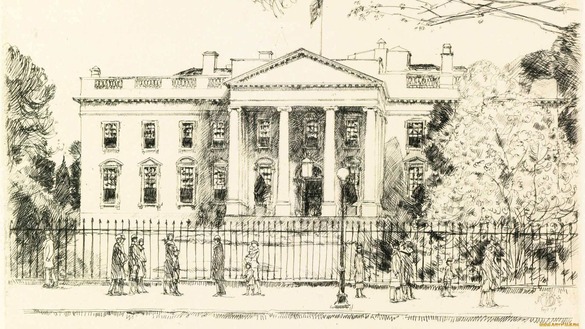 the, white, house, рисованное, frederick, childe, hassam, флаг, люди, забор, эскиз, америка, белый, дом
