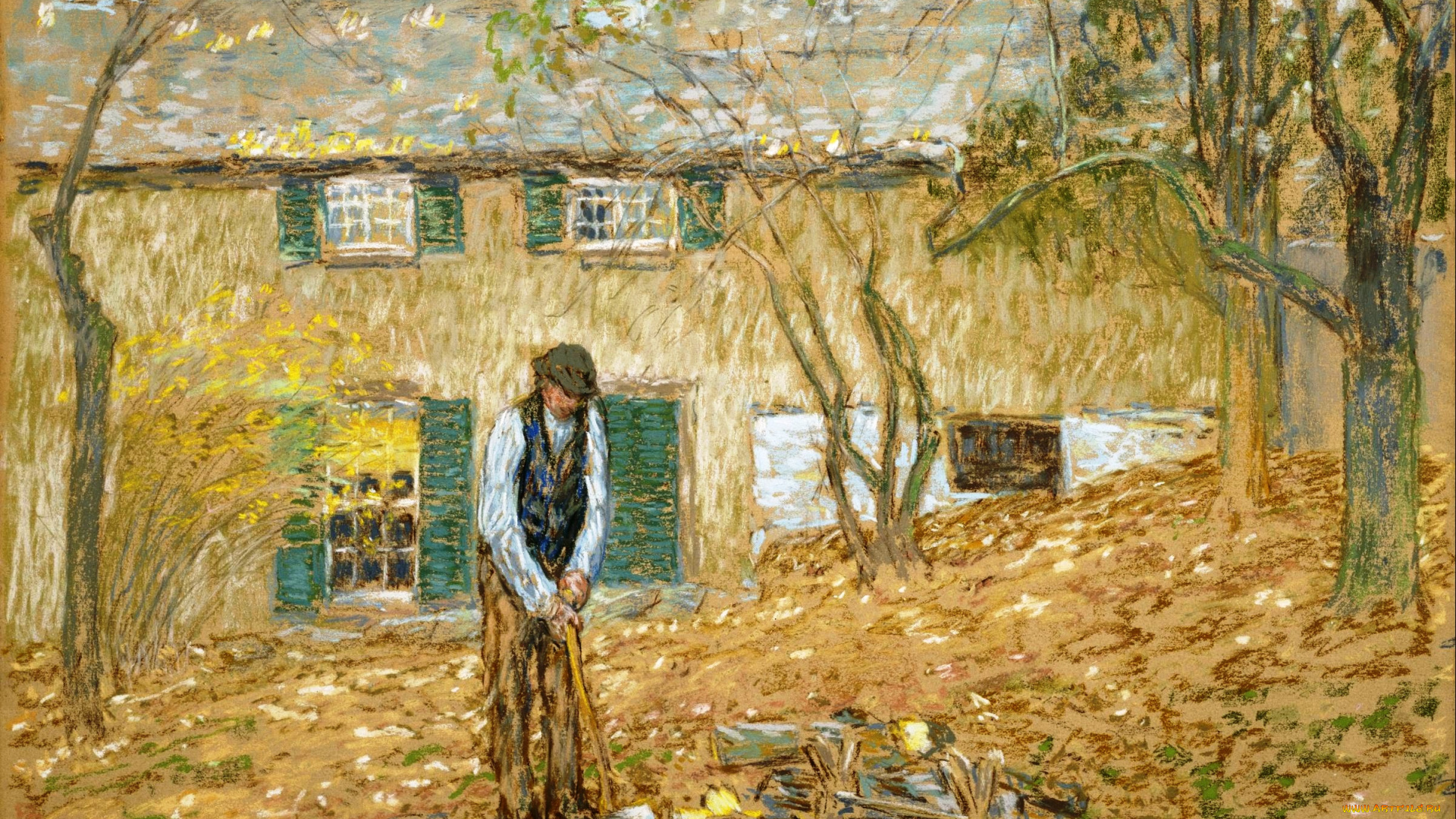 woodchopper, рисованное, frederick, childe, hassam, здание, дом, деревья, двор, топор, дрова, дровосек