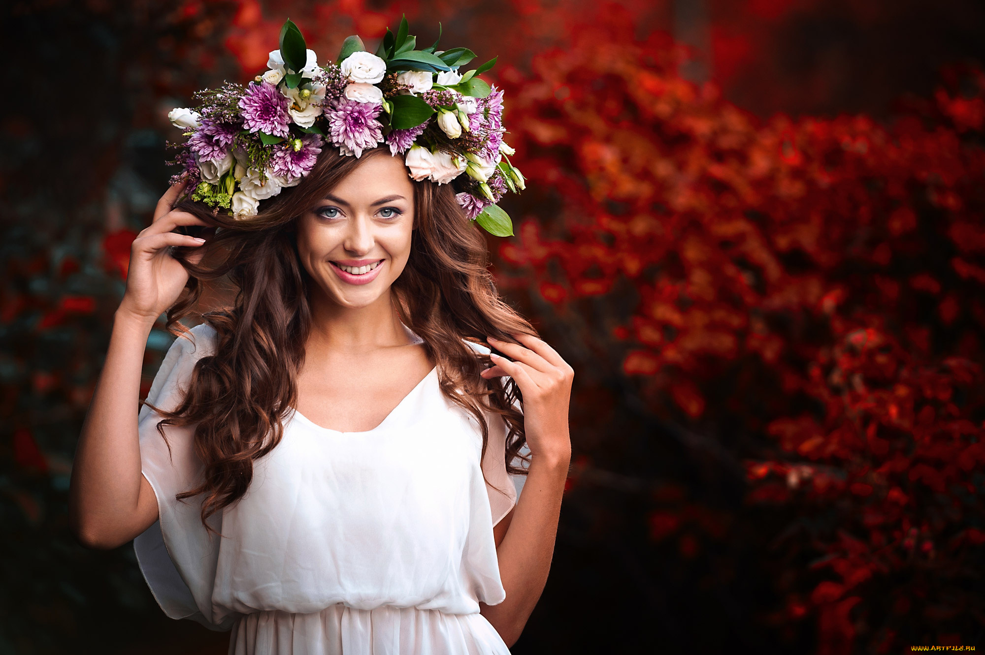 девушки, -unsort, , брюнетки, , шатенки, девушка, боке, цветы, венок, настроение, шатенка, радость, улыбка