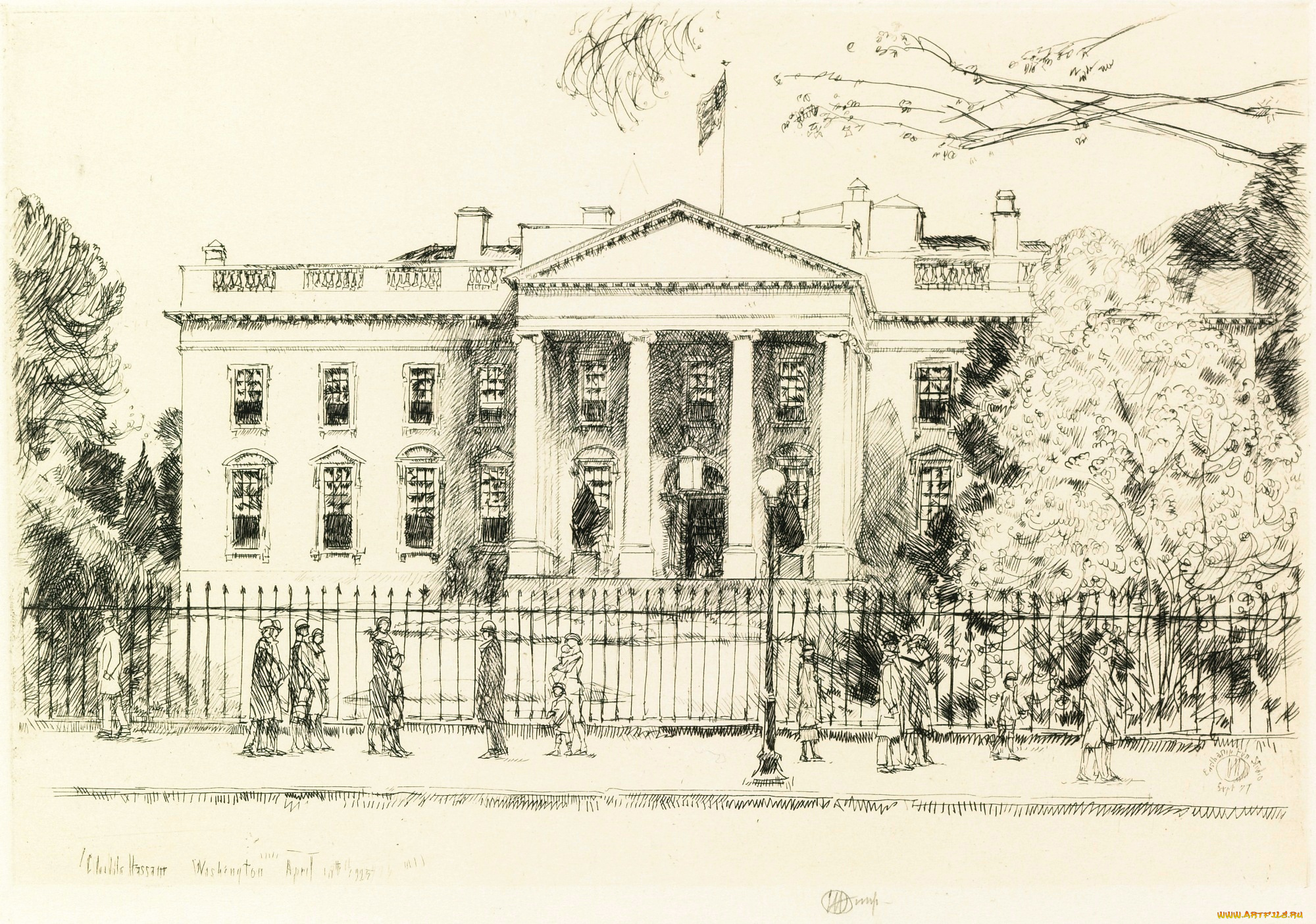 the, white, house, рисованное, frederick, childe, hassam, флаг, люди, забор, эскиз, америка, белый, дом