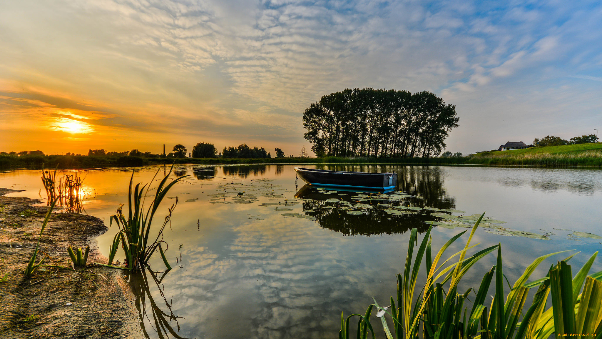 корабли, лодки, , шлюпки, закат, река