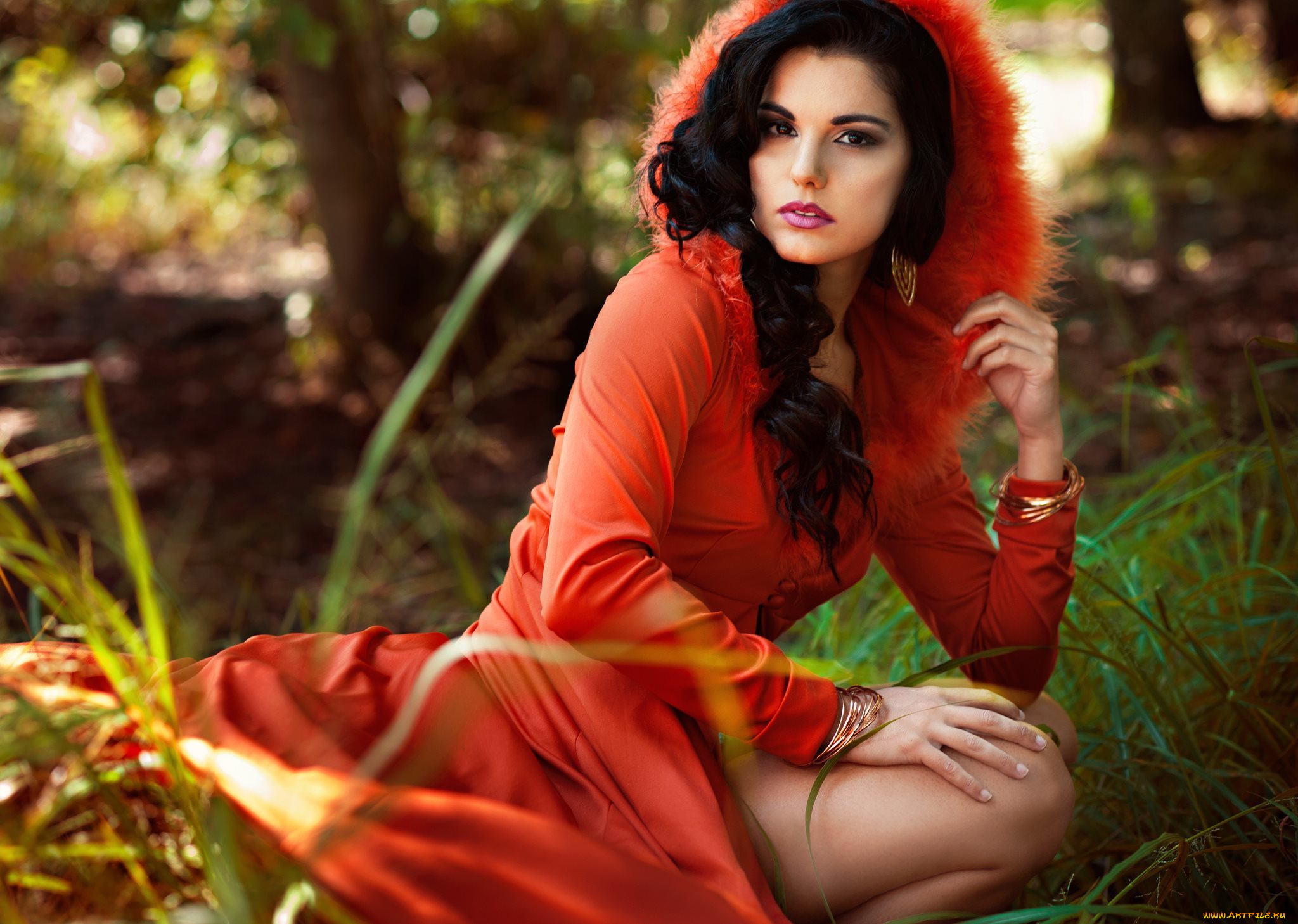 девушки, -unsort, , брюнетки, , шатенки, девушка, брюнетка, локоны, платье, капюшон, макияж, украшения, браслеты, серьги, природа, трава