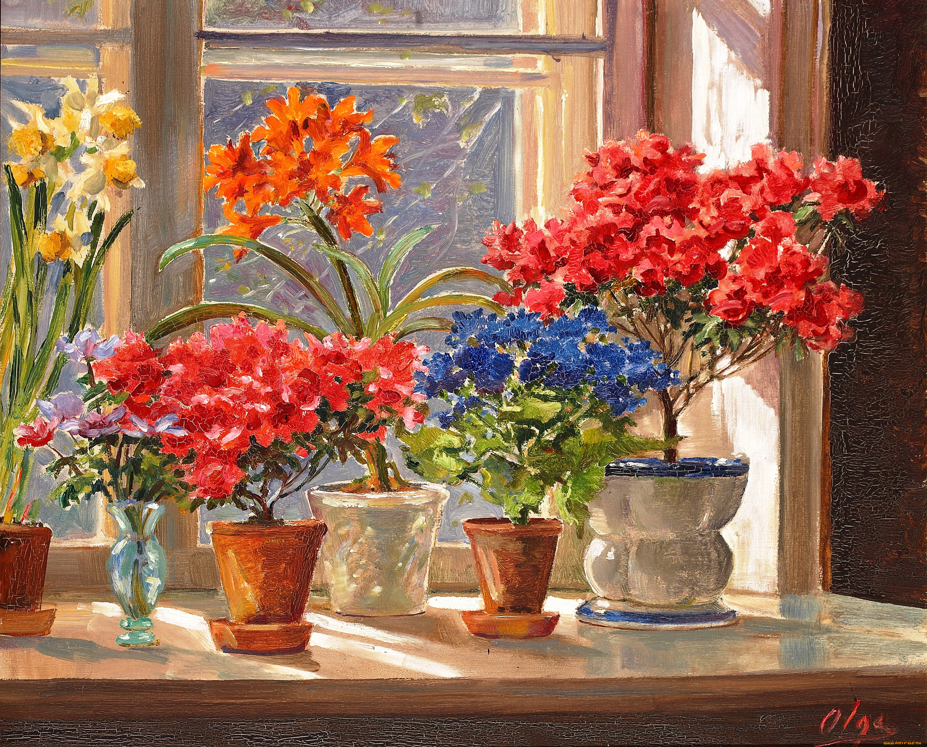 рисованное, цветы, горшки, подоконник, окно