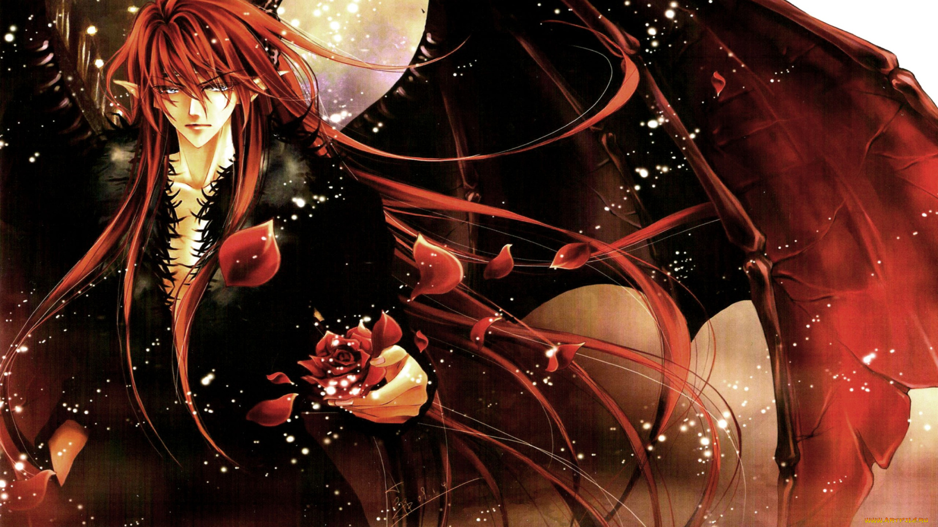 аниме, ангелы, , демоны, роза, крылья, демон, парень