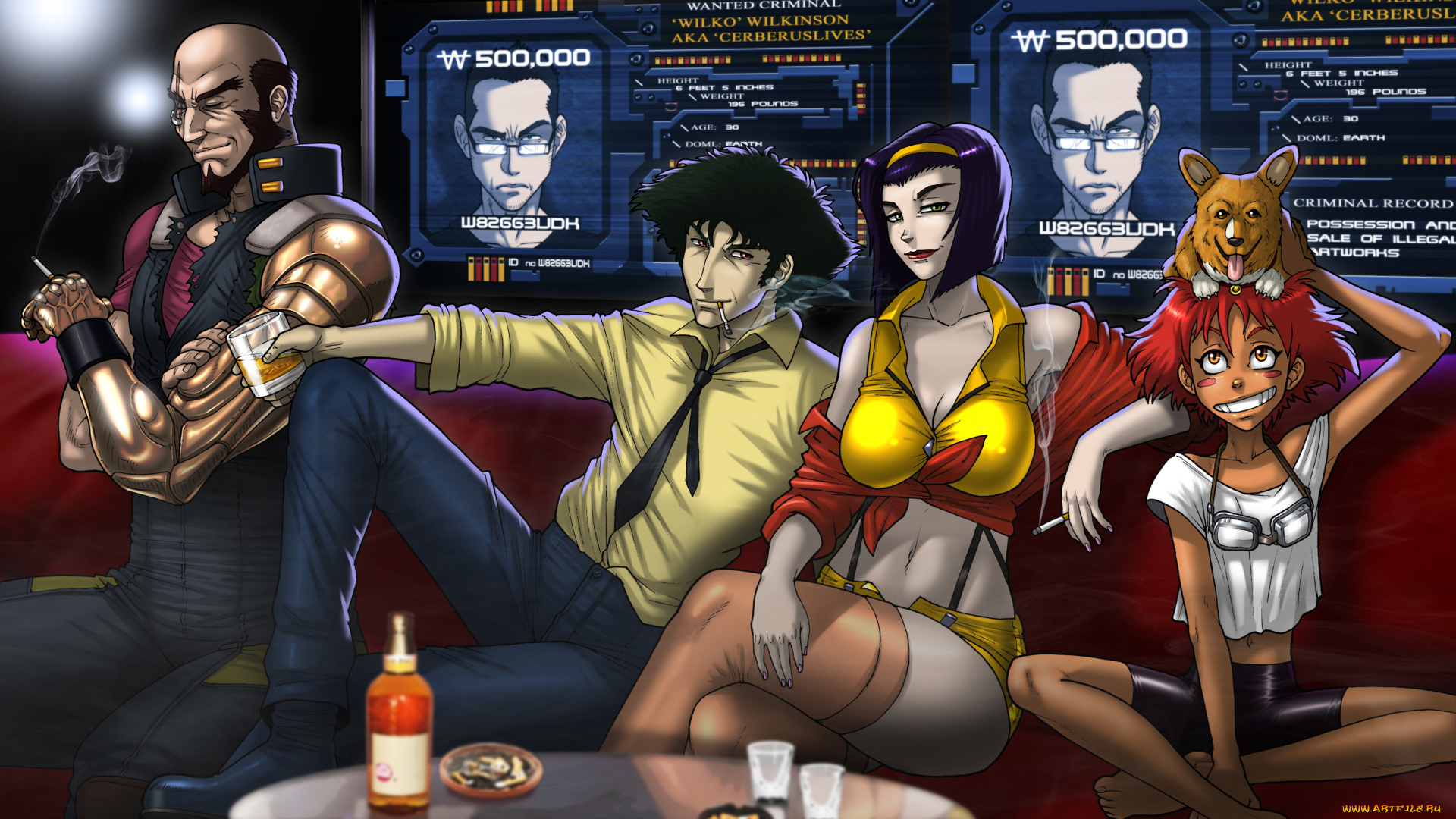 аниме, cowboy, bebop, edward, faye, valentine, ein, jet, black, cowboy, bebop, spike, spiegel