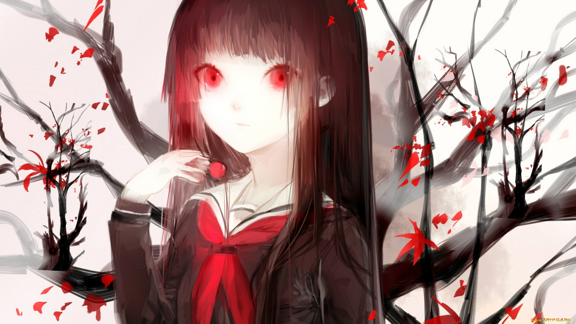 аниме, jigoku, shoujo, enma, ai, адская, девочка, jigoku, shoujo, матроска, красные, глаза, ветки, hell, girl, школьница