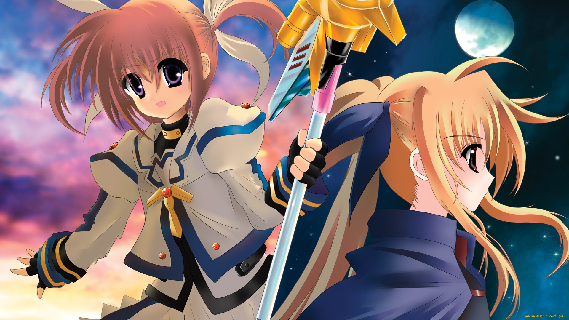 аниме, mahou, shoujo, lyrical, nanoha, взгляд, девушки, фон