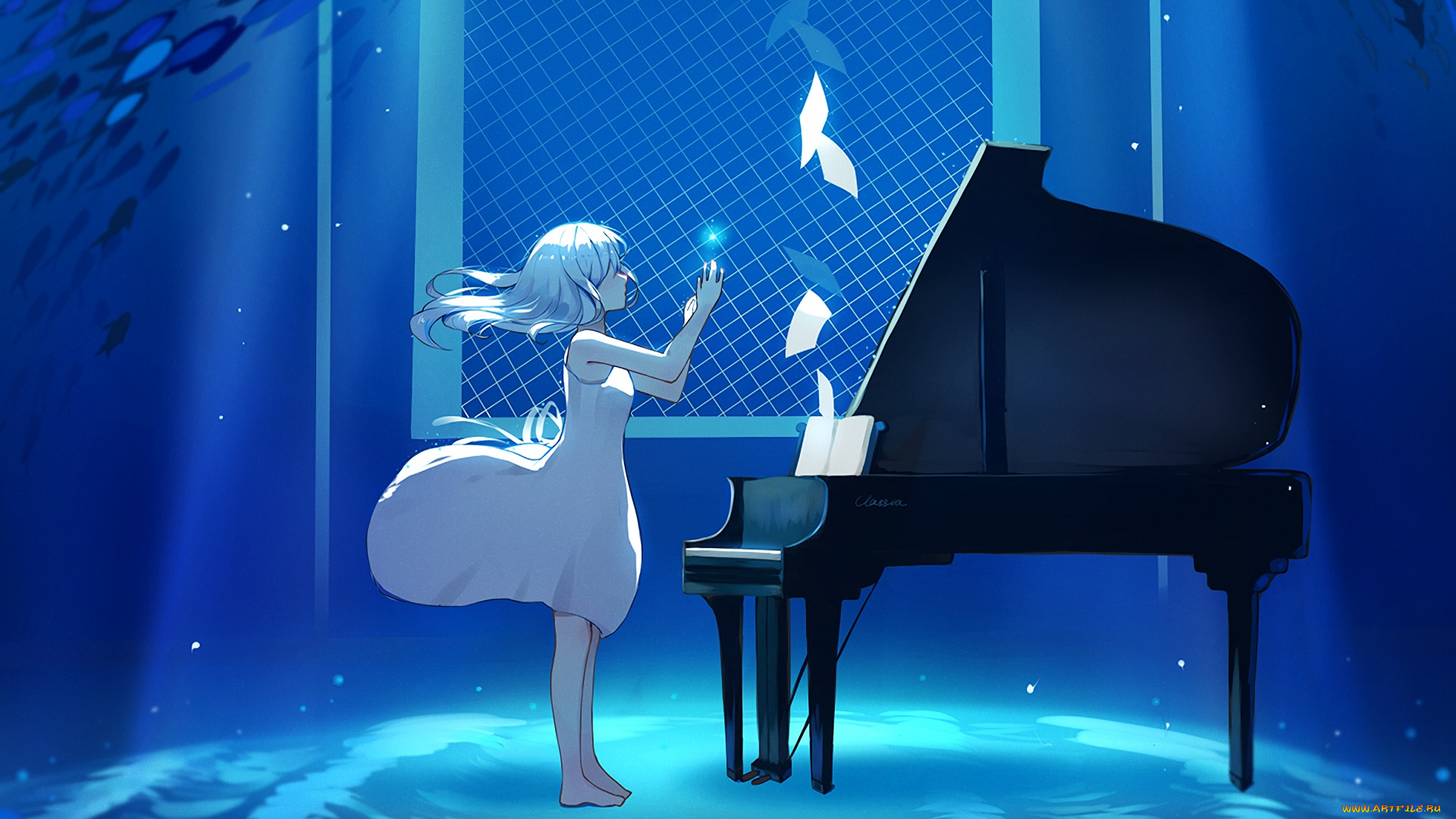 аниме, музыка, взгляд, девушка, фон