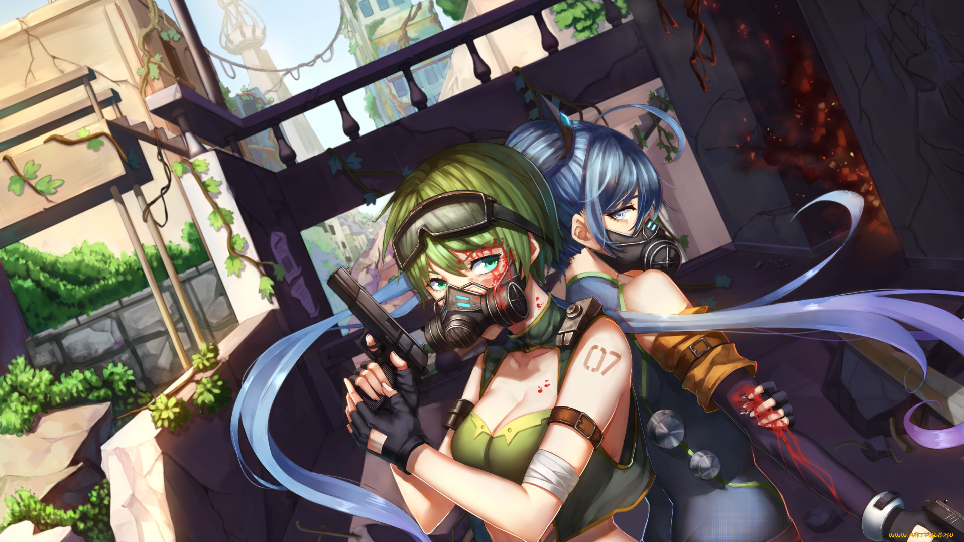 аниме, vocaloid, противогаз, девушки, арт, оружие