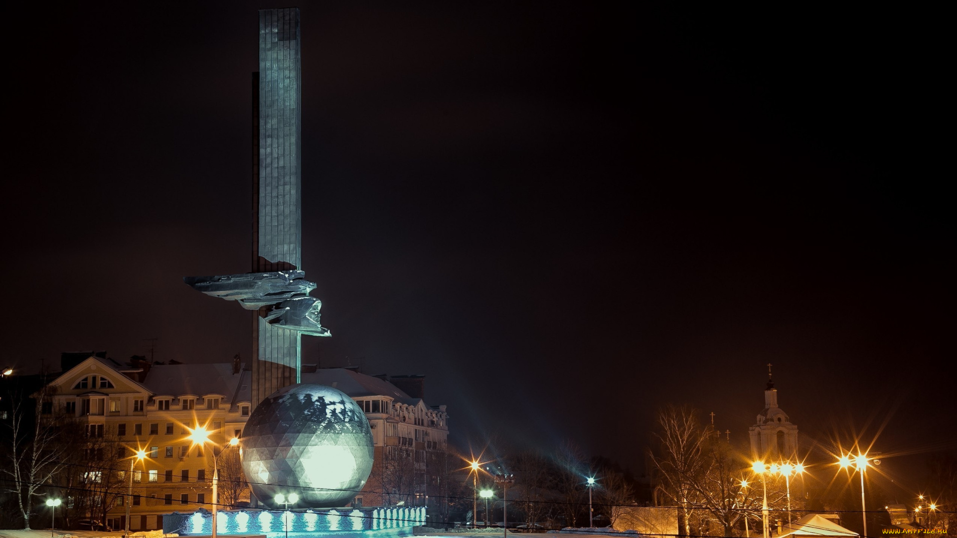 города, -, памятники, , скульптуры, , арт-объекты, шарик, city, kaluga, владимир, смит, калуга, гагарин, vladimir, smith, snow, снег, gagarin, night, ночь, город