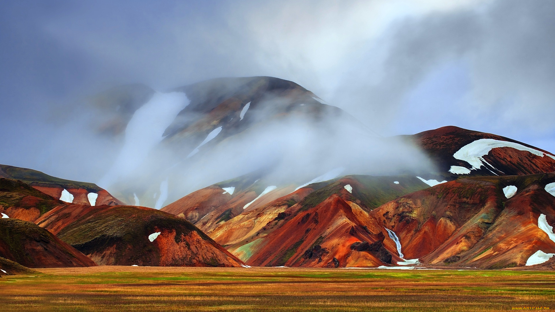 природа, горы, луга, снег, туман