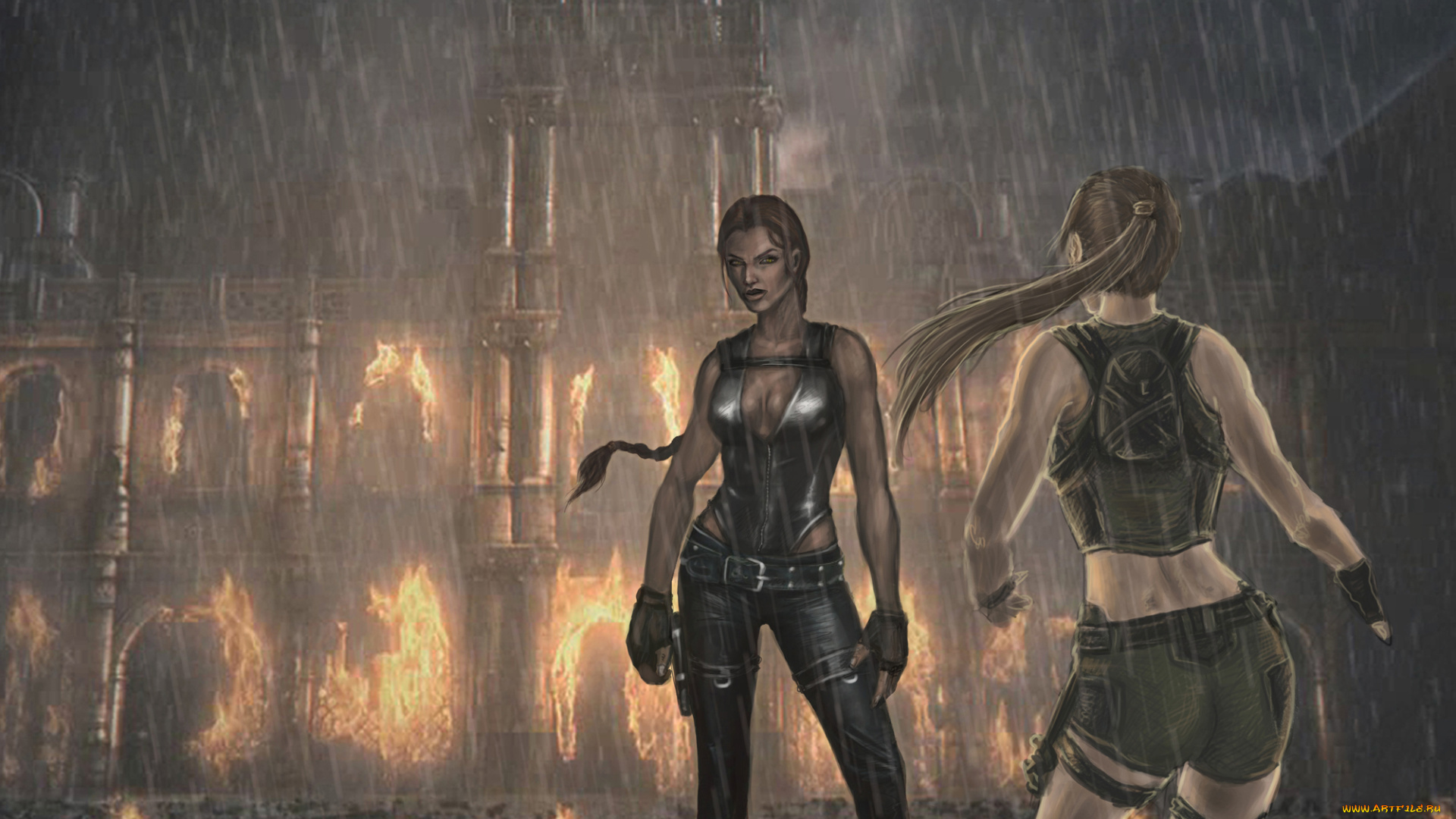 рисованное, комиксы, девушки, фон, замок, огонь, дождь