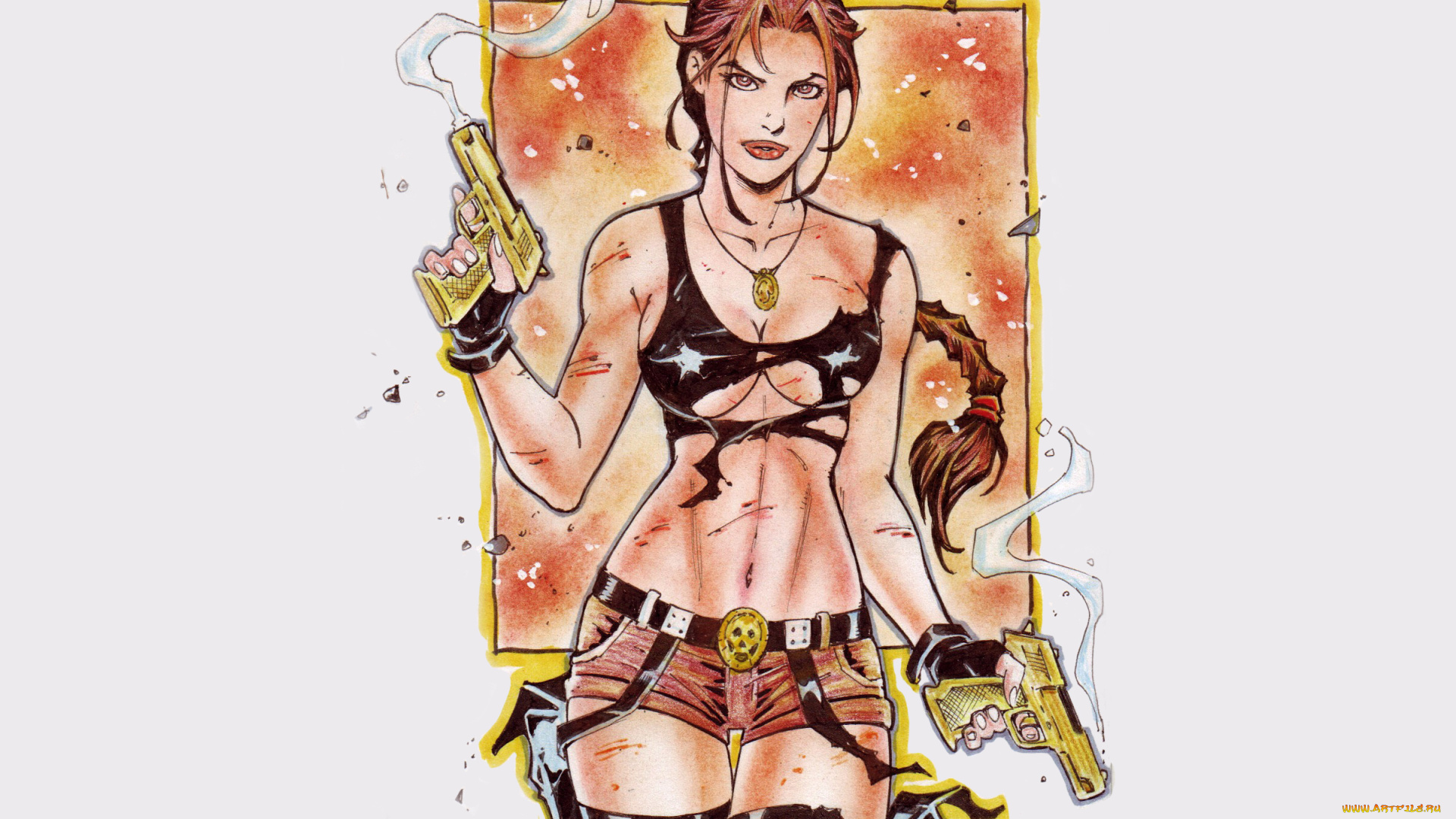 рисованное, комиксы, фон, пистолет, взгляд, девушка