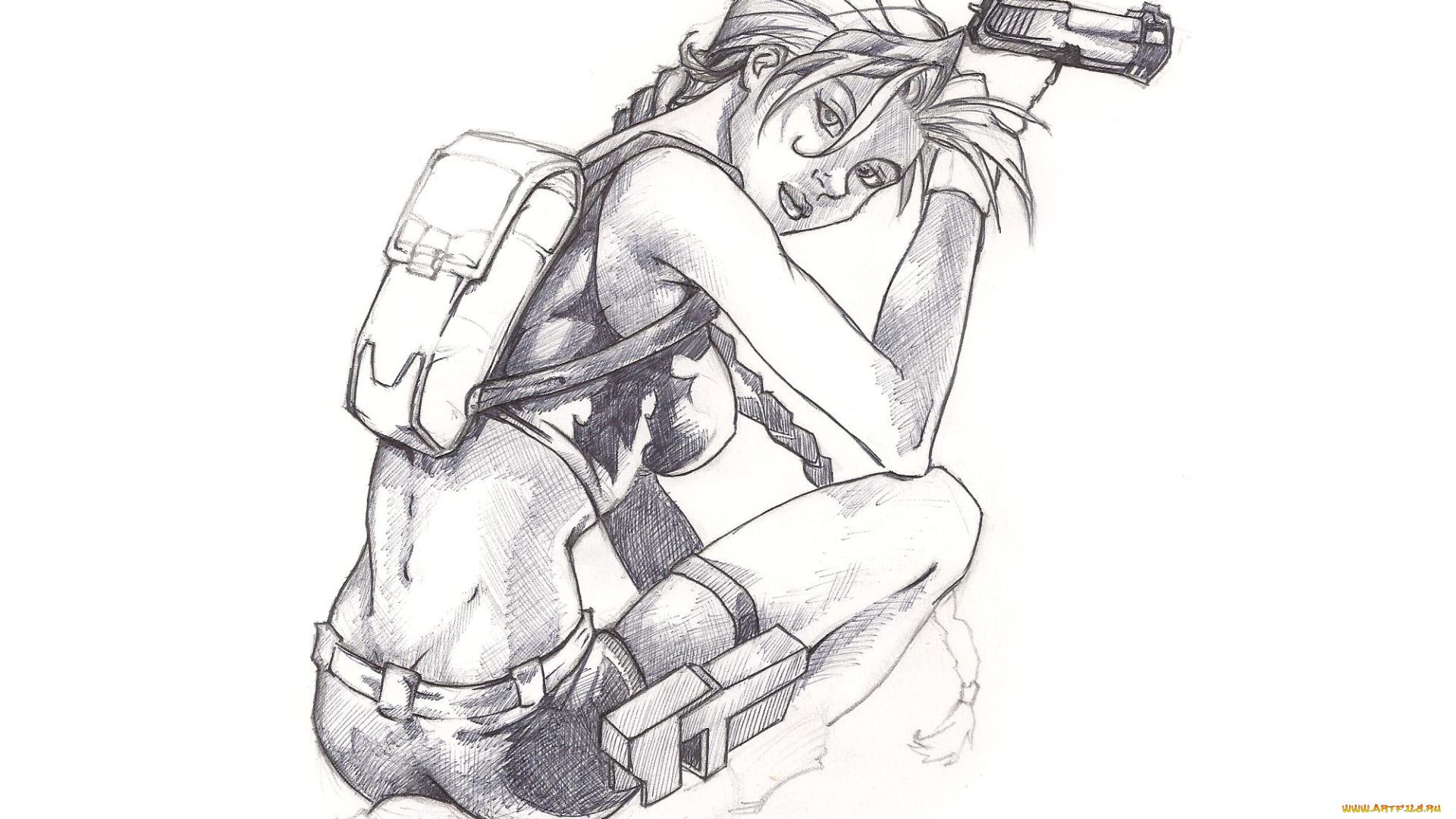 рисованное, комиксы, взгляд, фон, девушка, пистолет, скетч