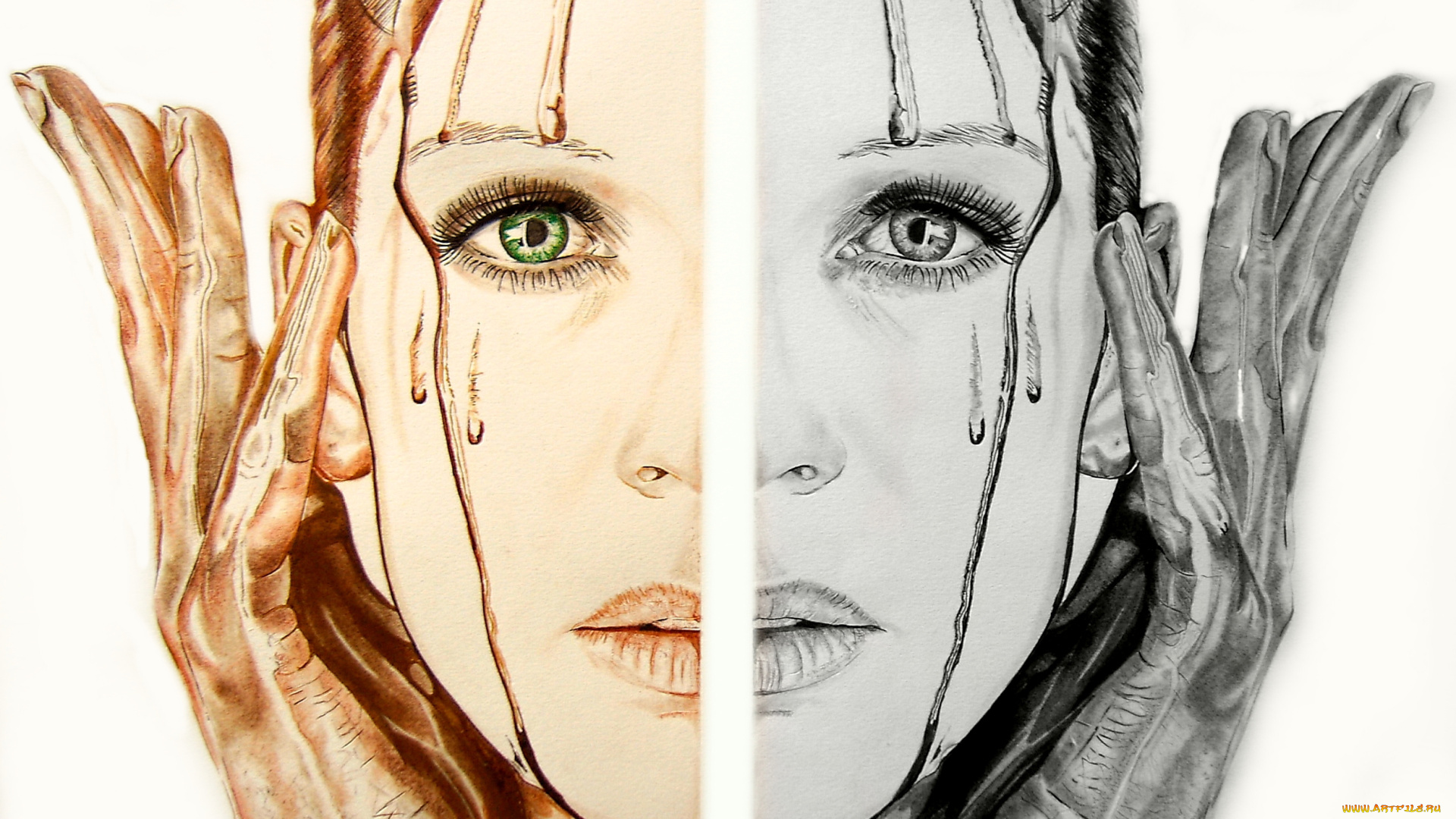 рисованное, люди, взгляд, ладонь, фон, девушка