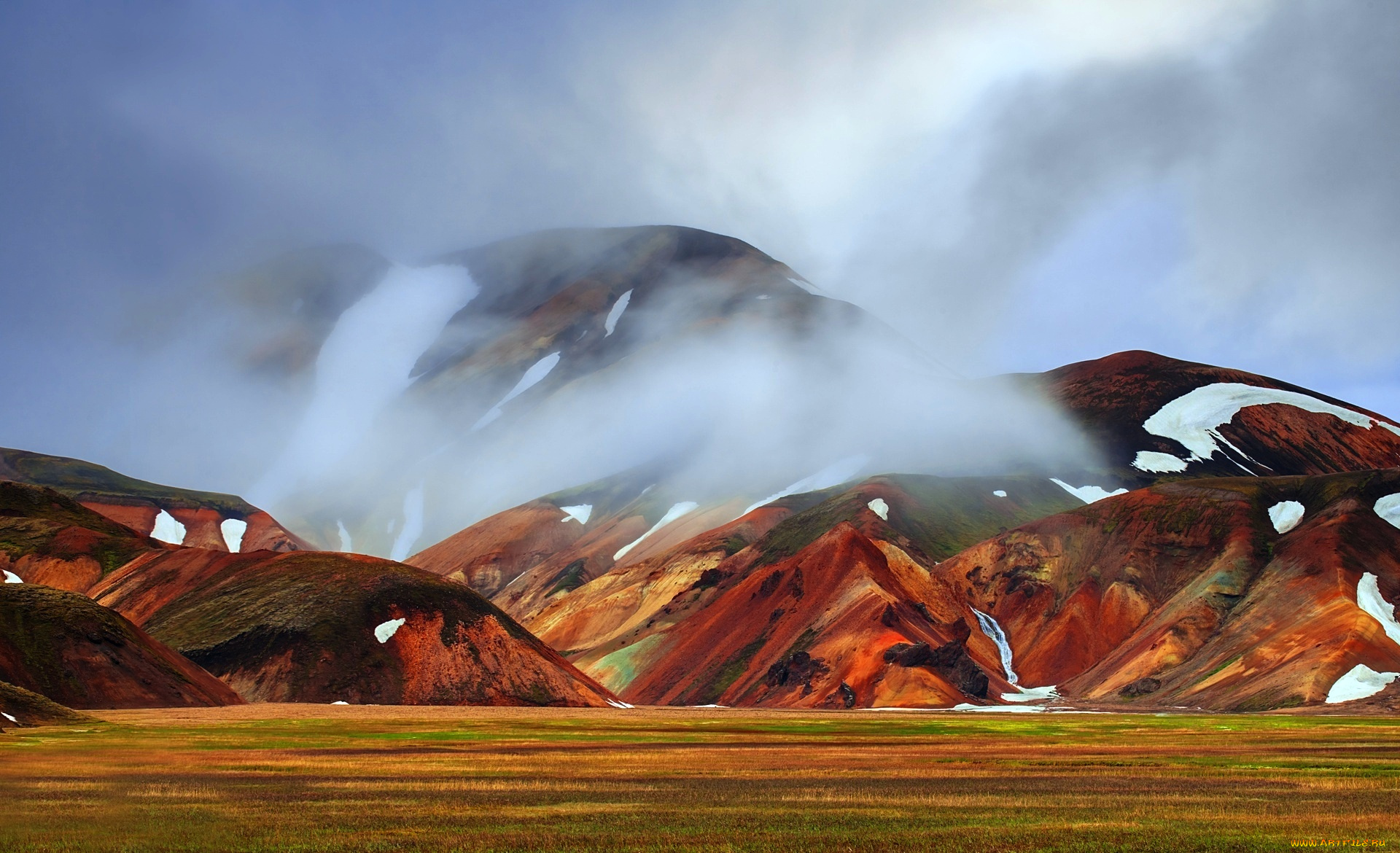 природа, горы, луга, снег, туман