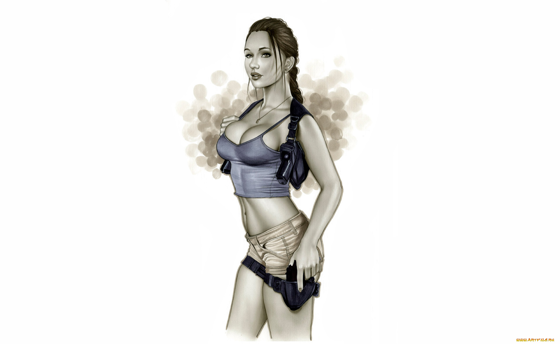 рисованное, комиксы, фон, пистолет, коса, взгляд, майка, девушка