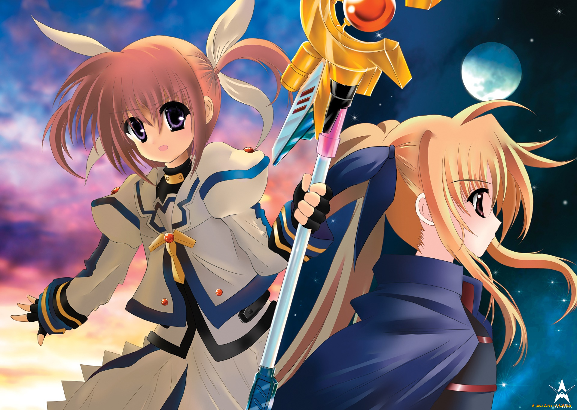 аниме, mahou, shoujo, lyrical, nanoha, взгляд, девушки, фон