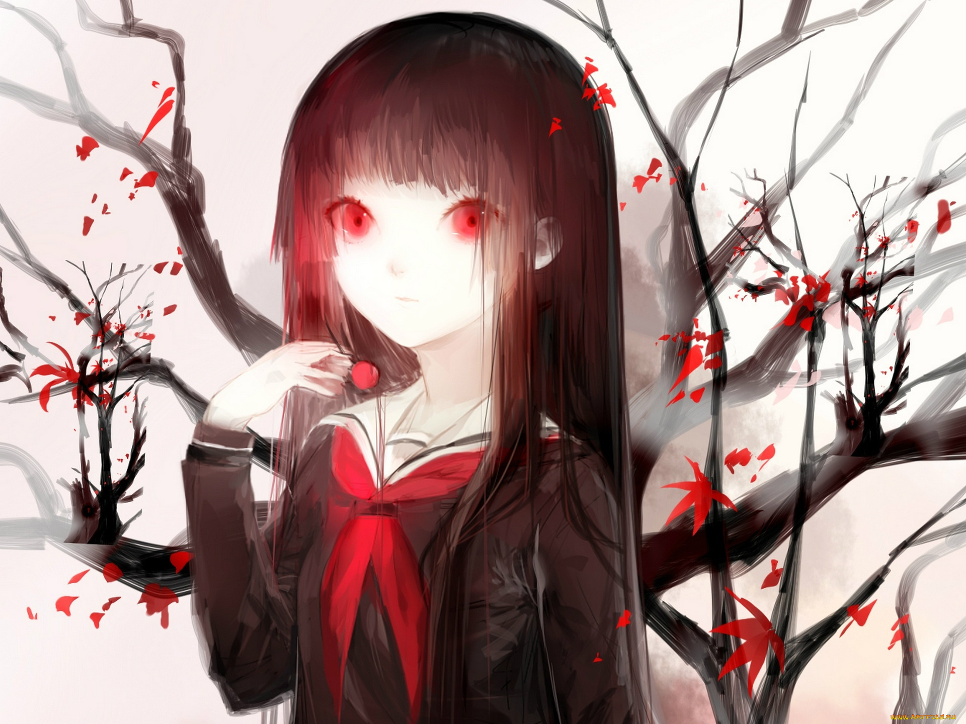аниме, jigoku, shoujo, enma, ai, адская, девочка, jigoku, shoujo, матроска, красные, глаза, ветки, hell, girl, школьница
