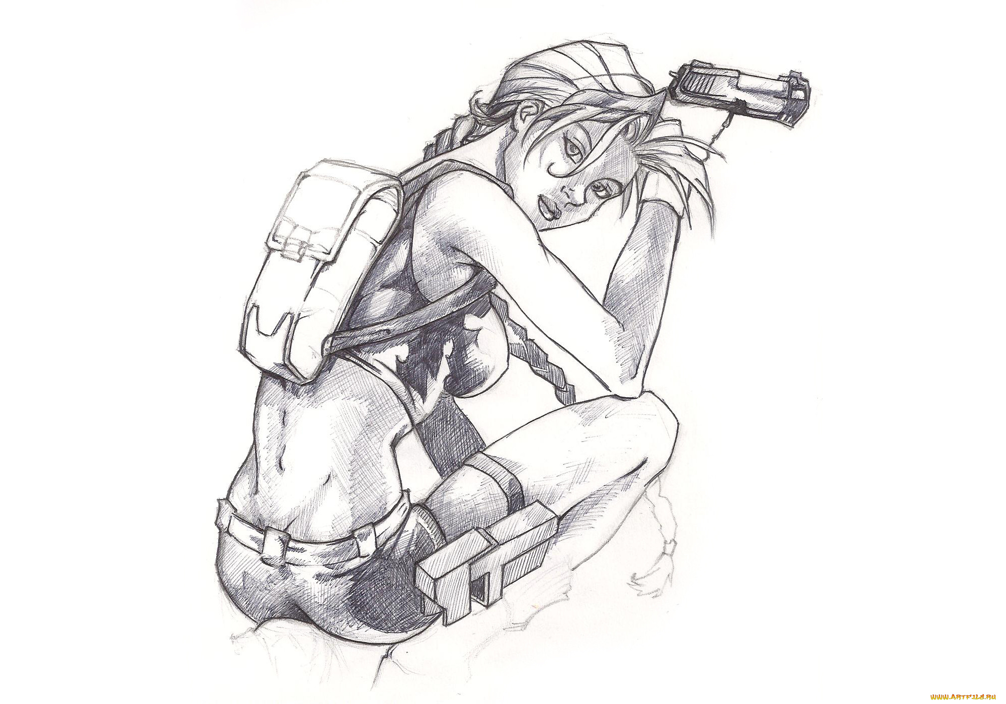 рисованное, комиксы, взгляд, фон, девушка, пистолет, скетч