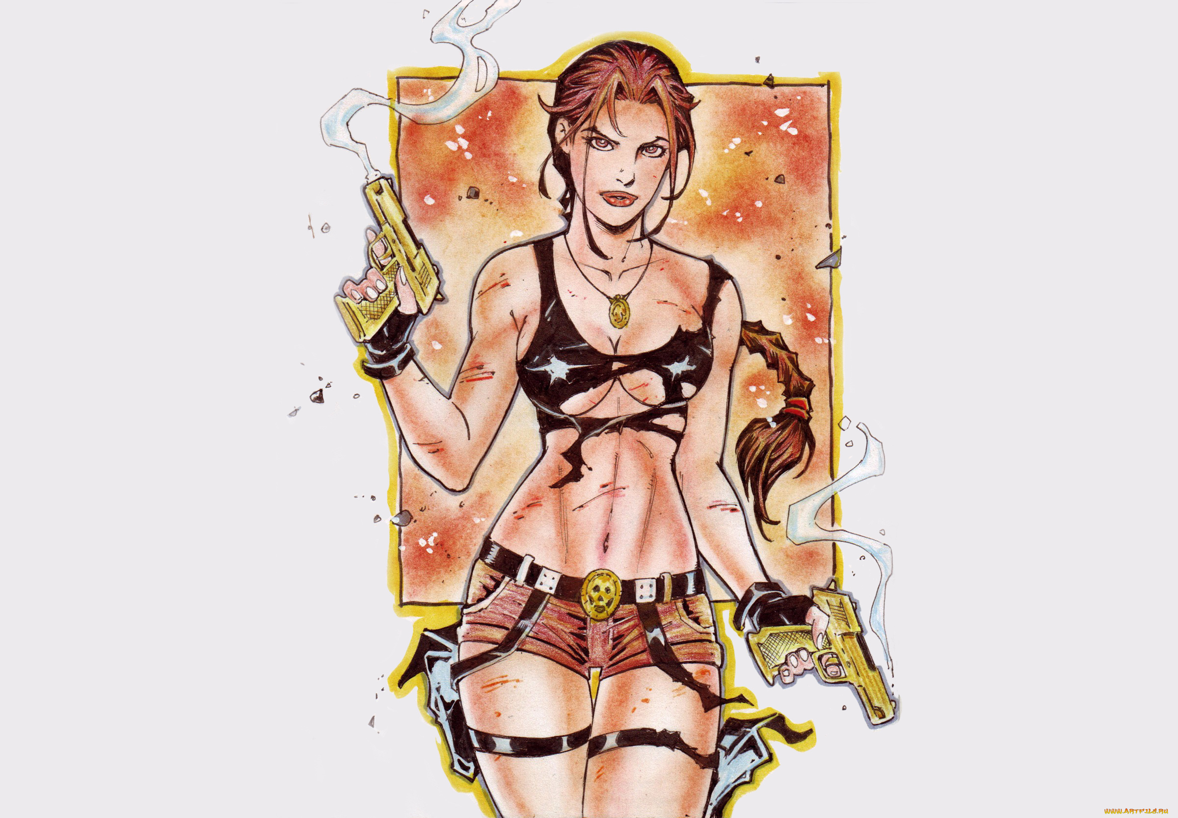 рисованное, комиксы, фон, пистолет, взгляд, девушка