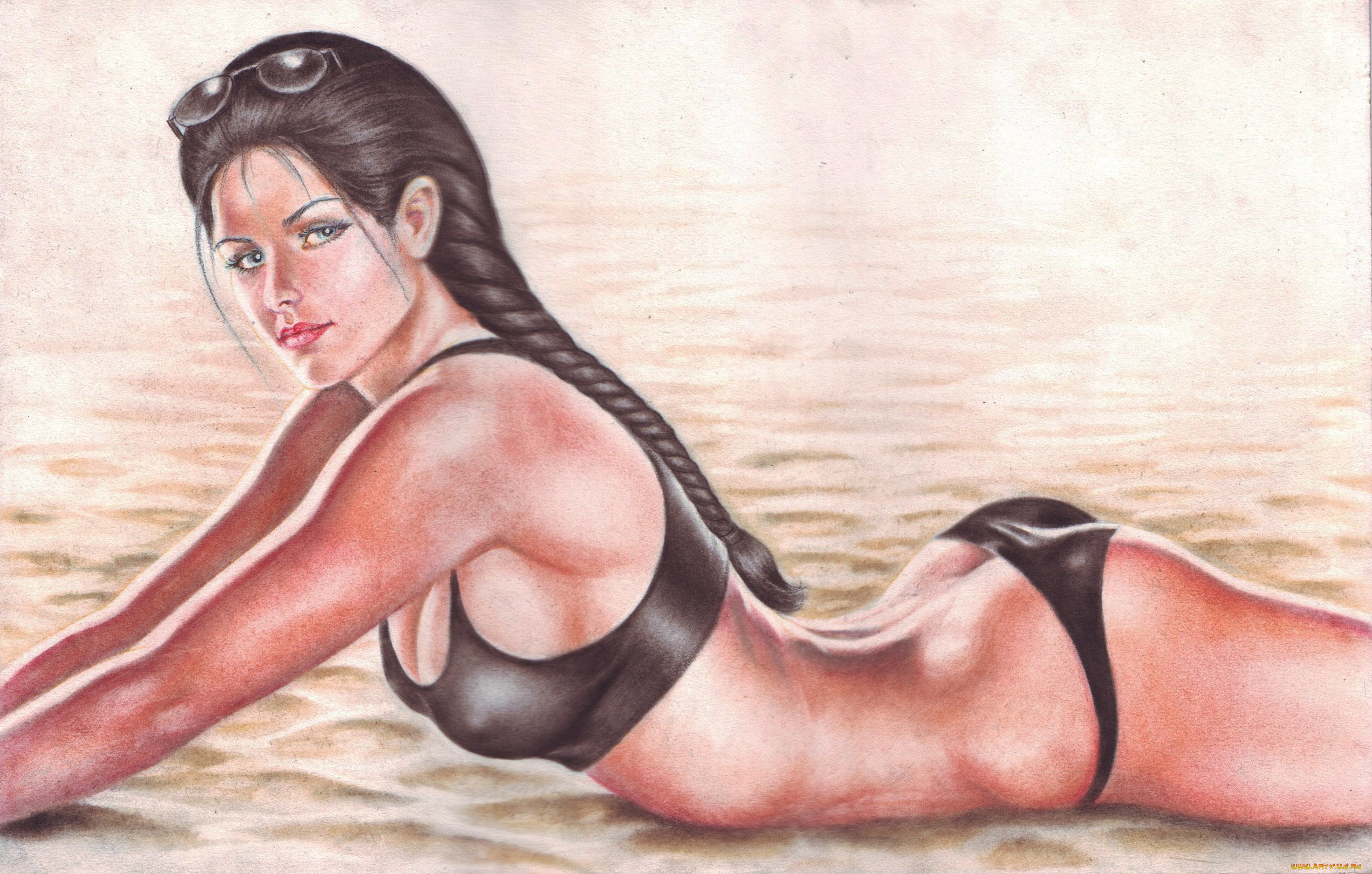 рисованное, люди, купальник, песок, взгляд, фон, девушка, очки