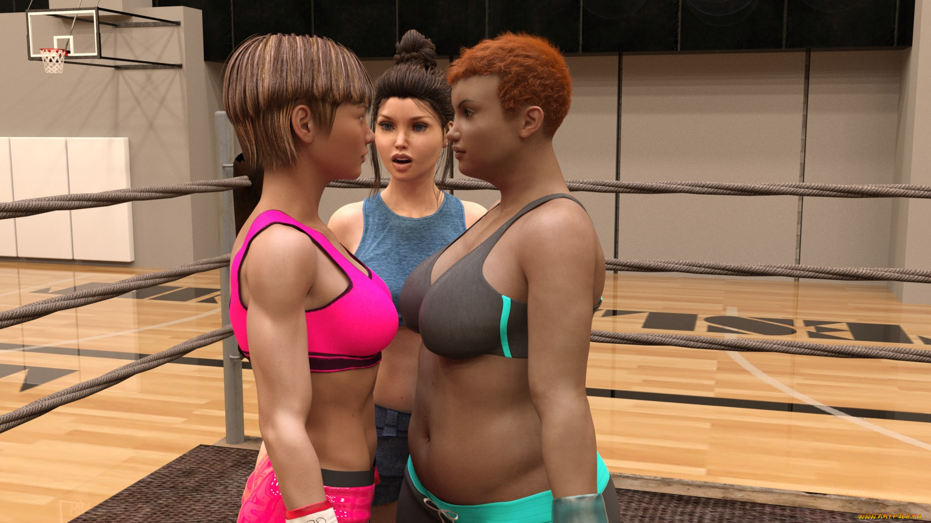 3д, графика, спорт, , sport, ринг, бокс, девушки, взгляд, фон