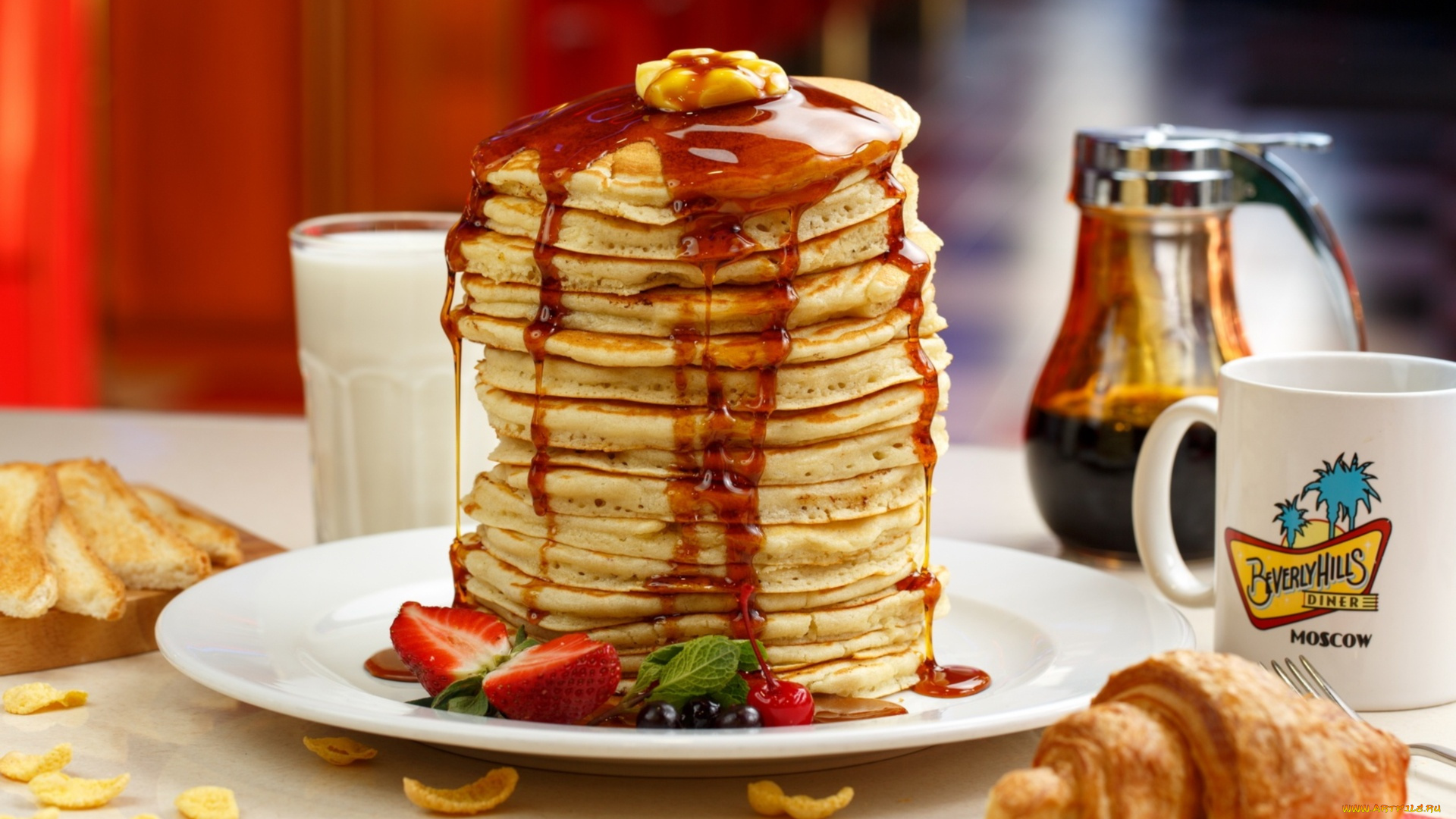 еда, блины, , оладьи, соус, оладьи, клубника