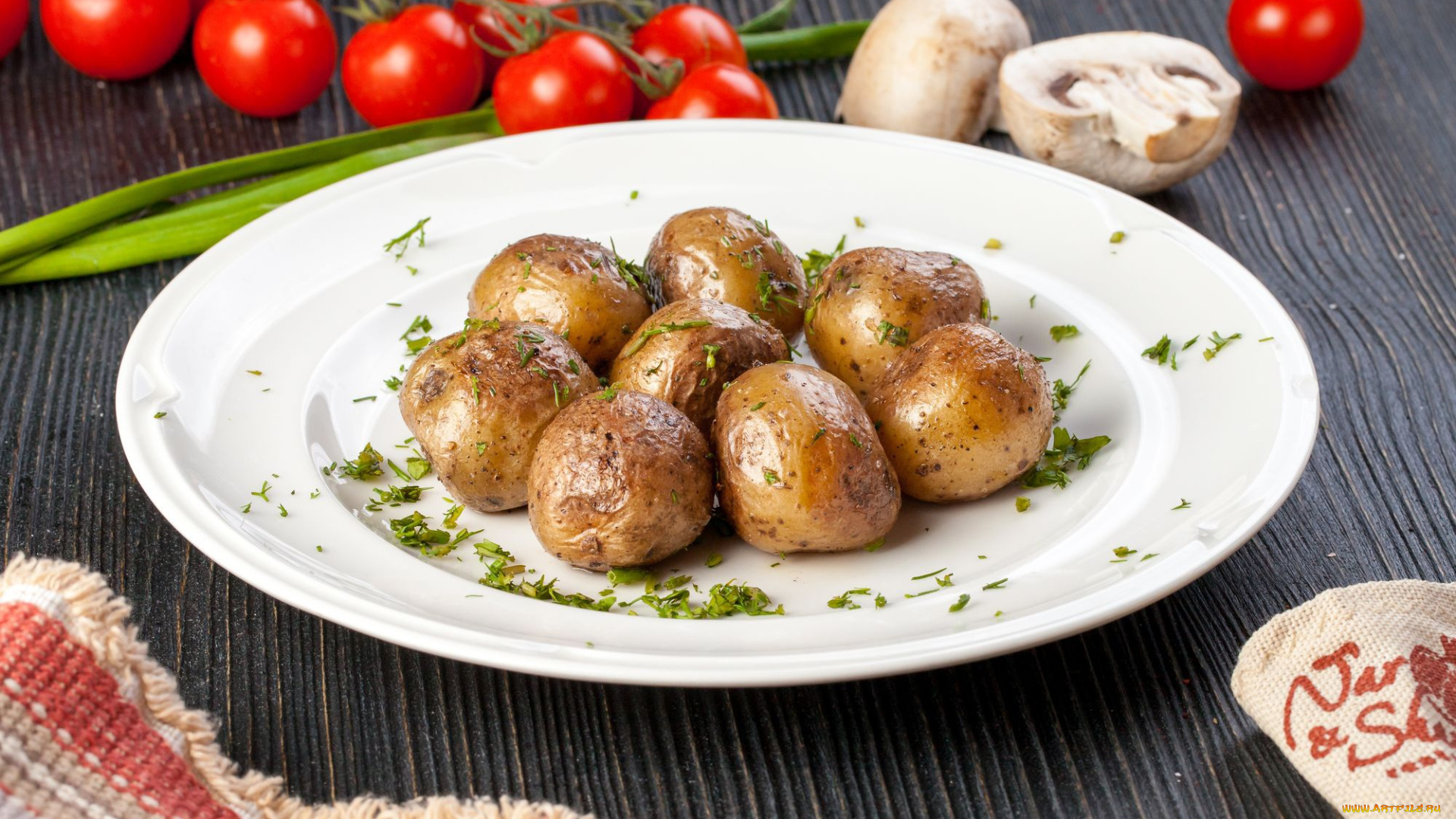 еда, картофель, запеченный, грибы, помидор, томаты