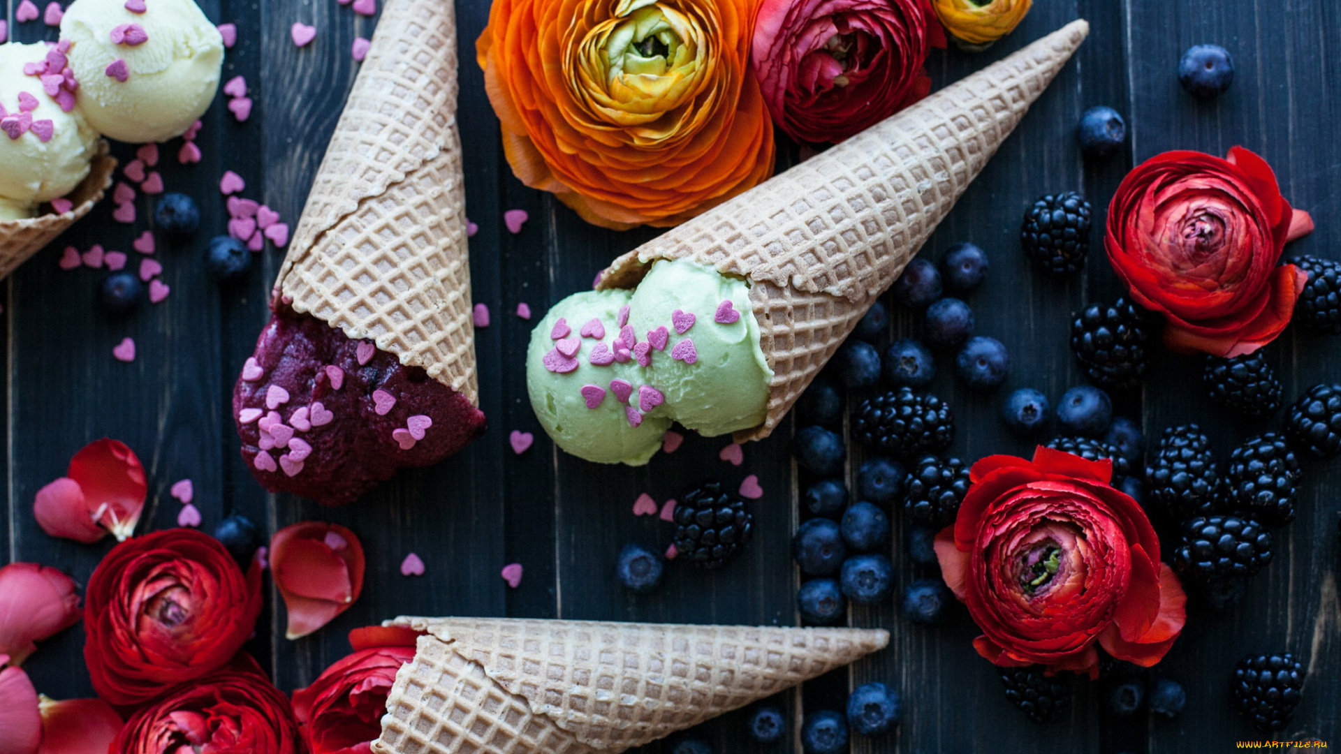 еда, мороженое, , десерты, цветы, вафельный, рожок