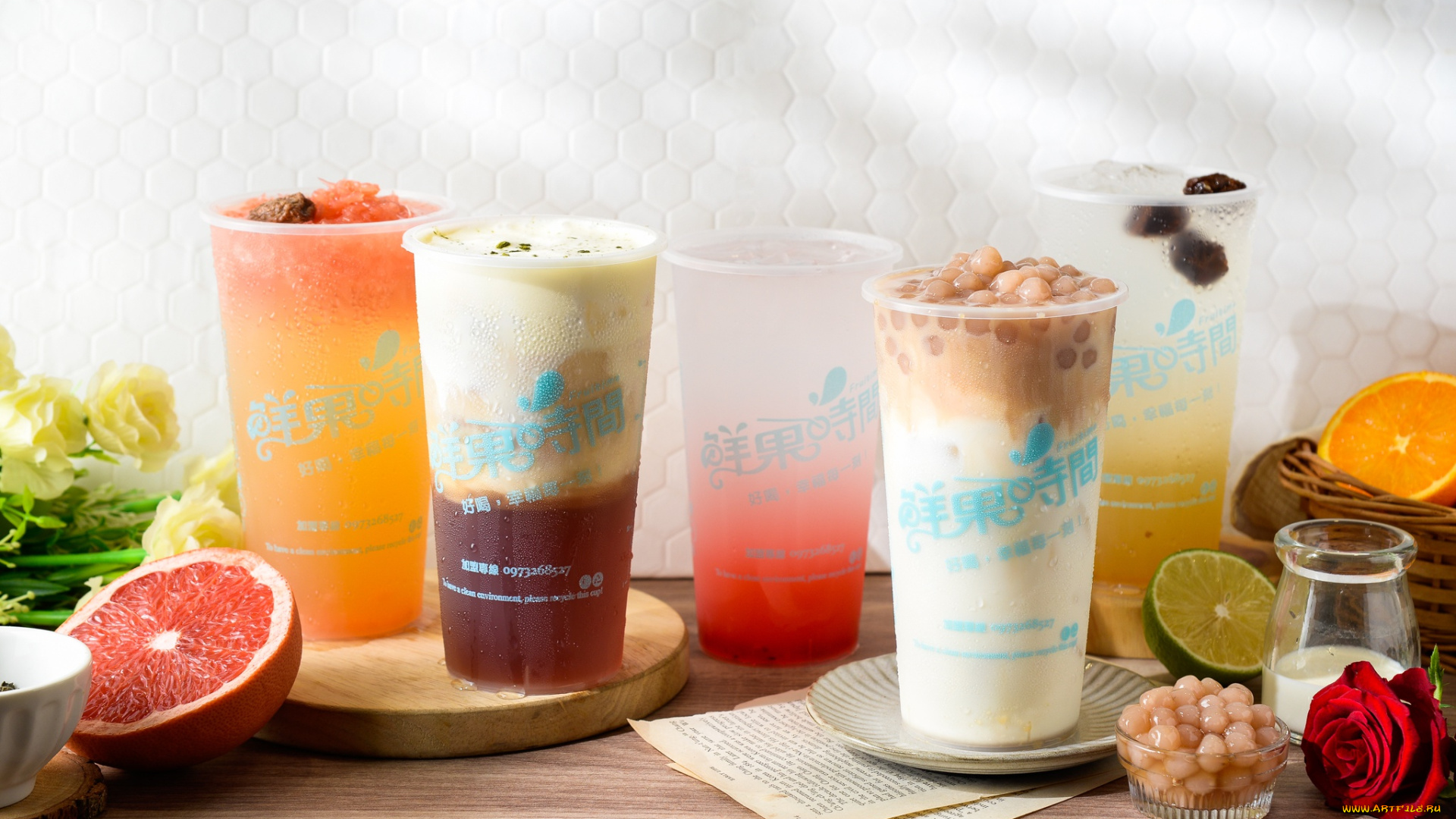 еда, напитки, роза, лайм, стаканы, фрукты, апельсин